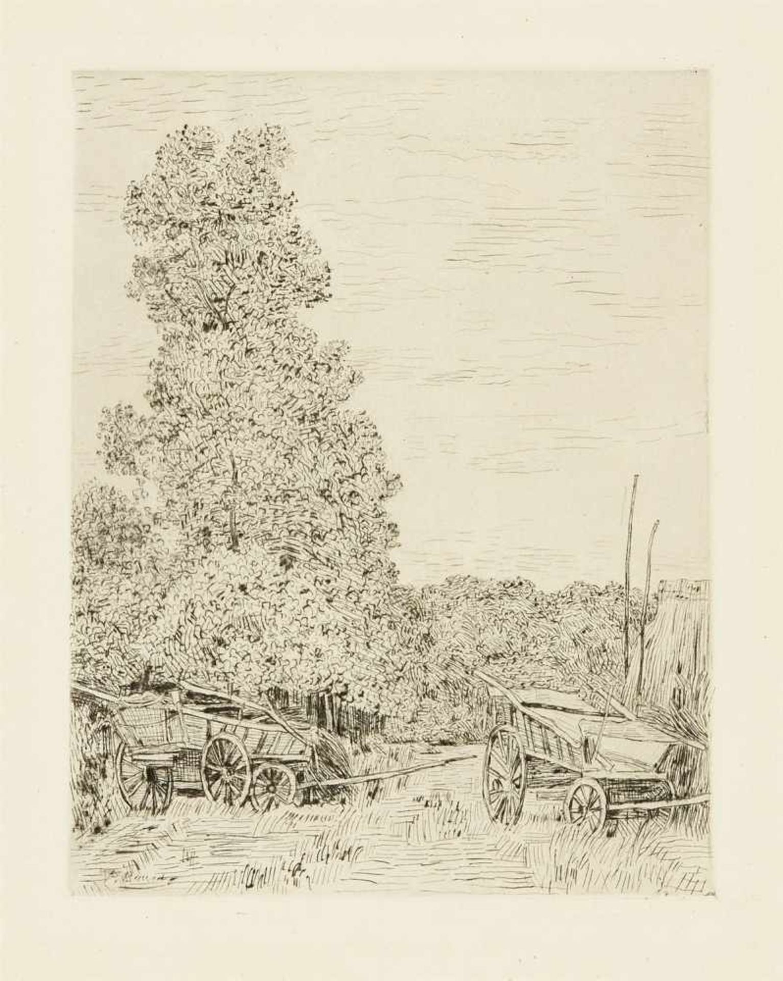 Paul BaumZwei Bauernwagen in Wiesen am Waldrand vor hohem Baum in dichtem Laub - Bild 2 aus 2