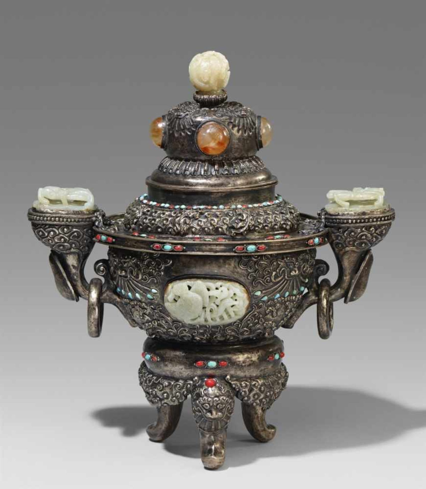 A large Mongolian silver lidded vessel. 20th century