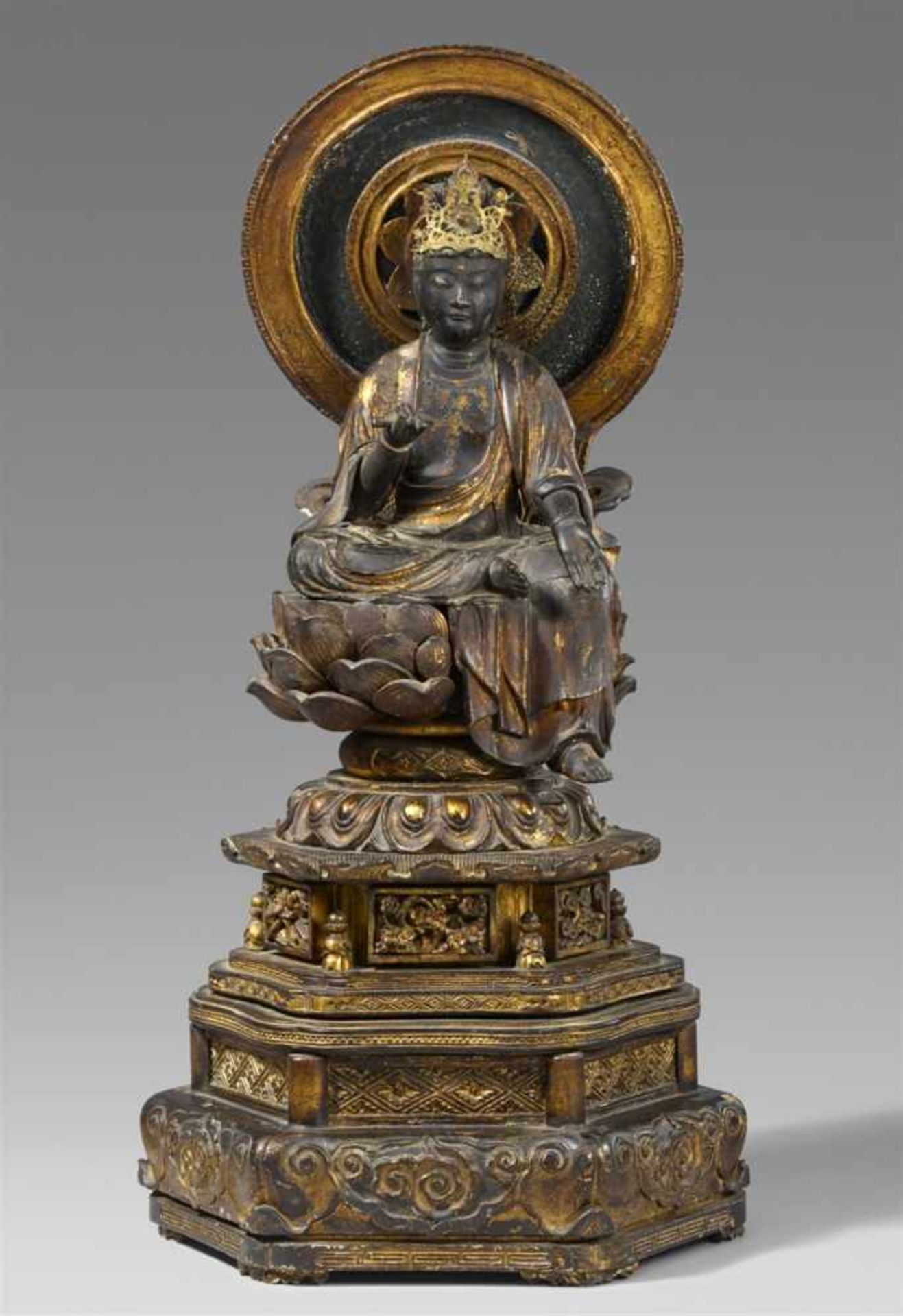 A lacquered and gilded wood figure of Monjû Bosatsu. Muromachi period<