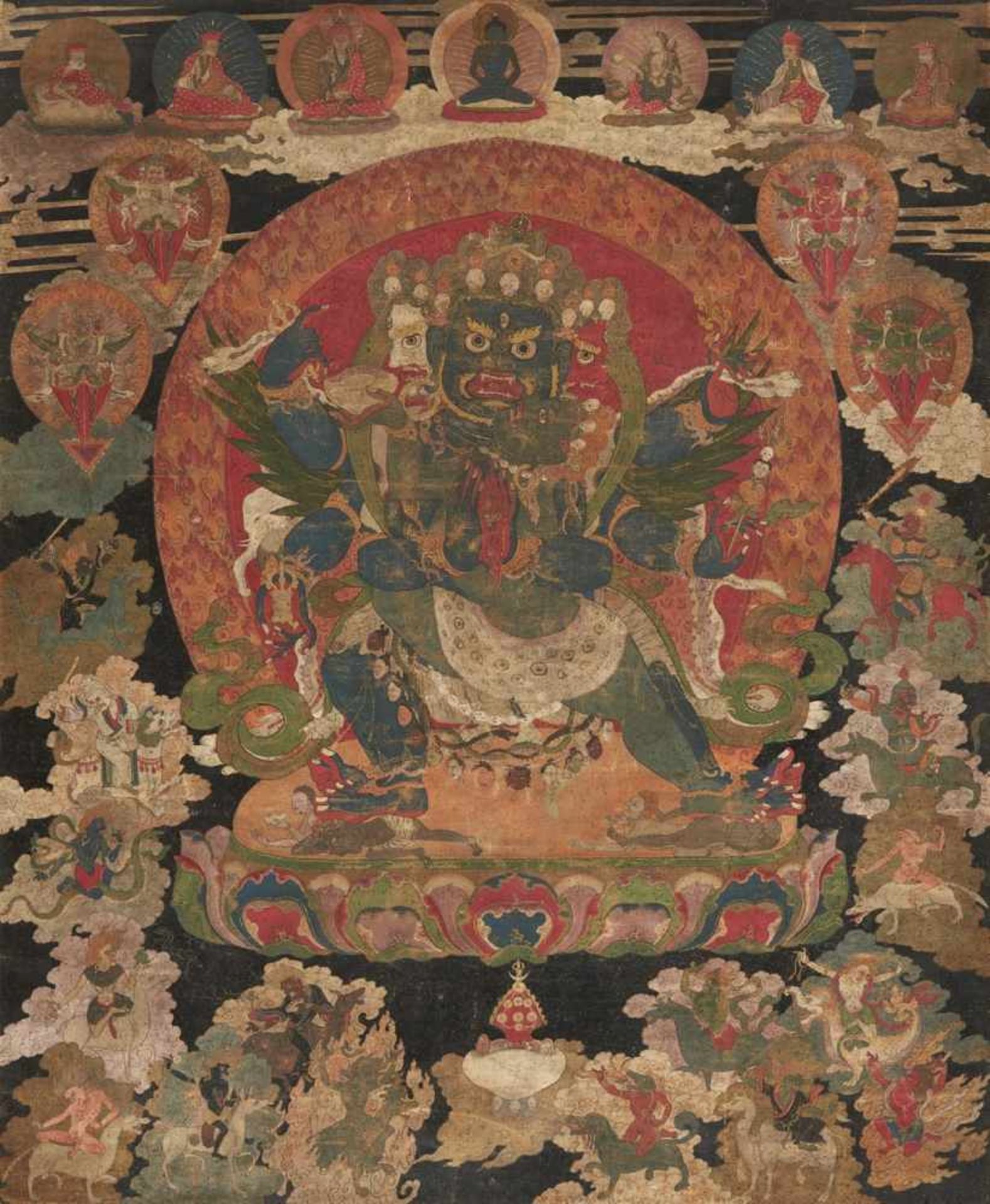 A Tibetan blackground thangka of Vajrakila in yab-yum. Around 1700