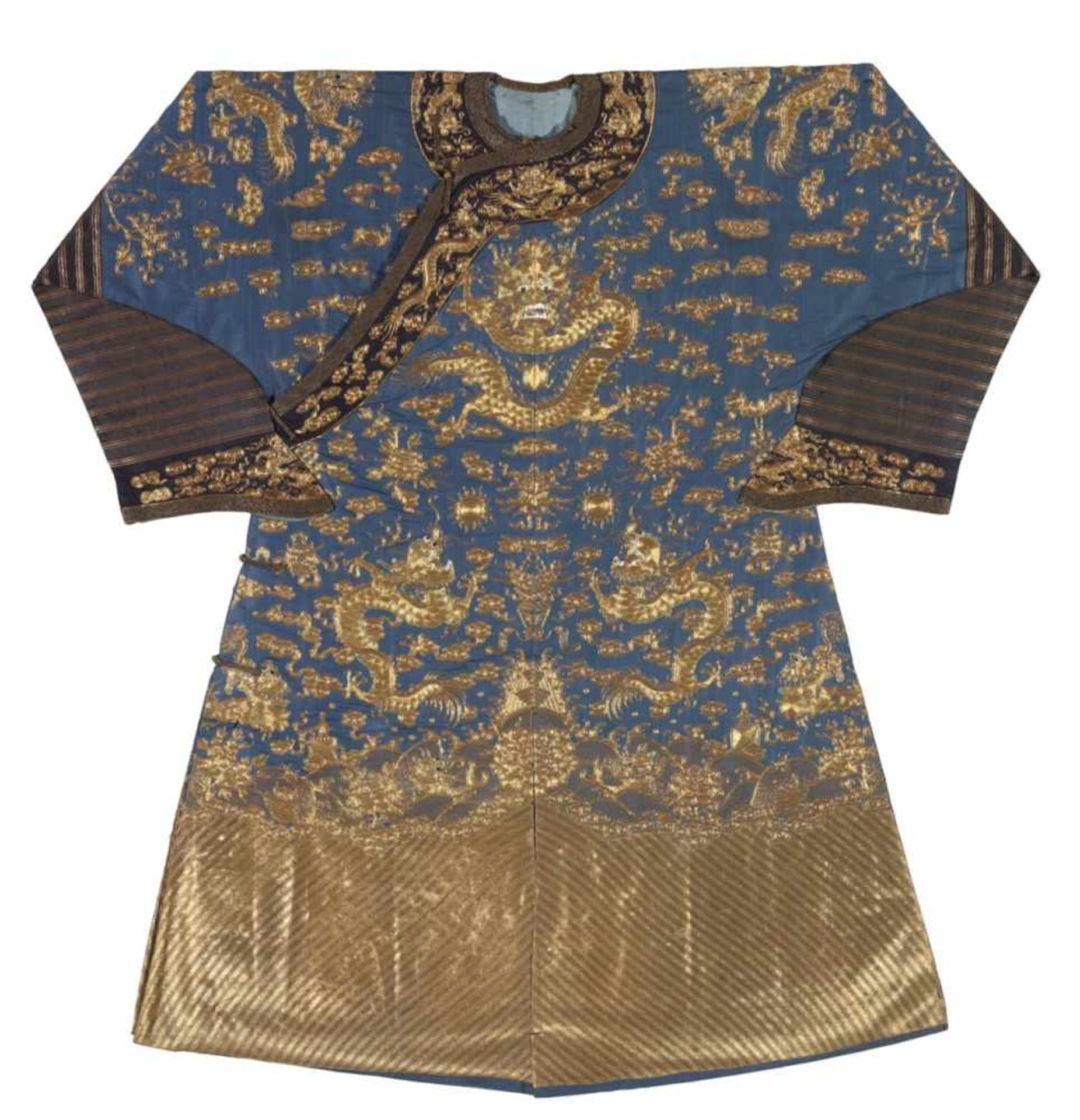 A semi-official embroidered blue silk dragon robe (longpao). 19th century