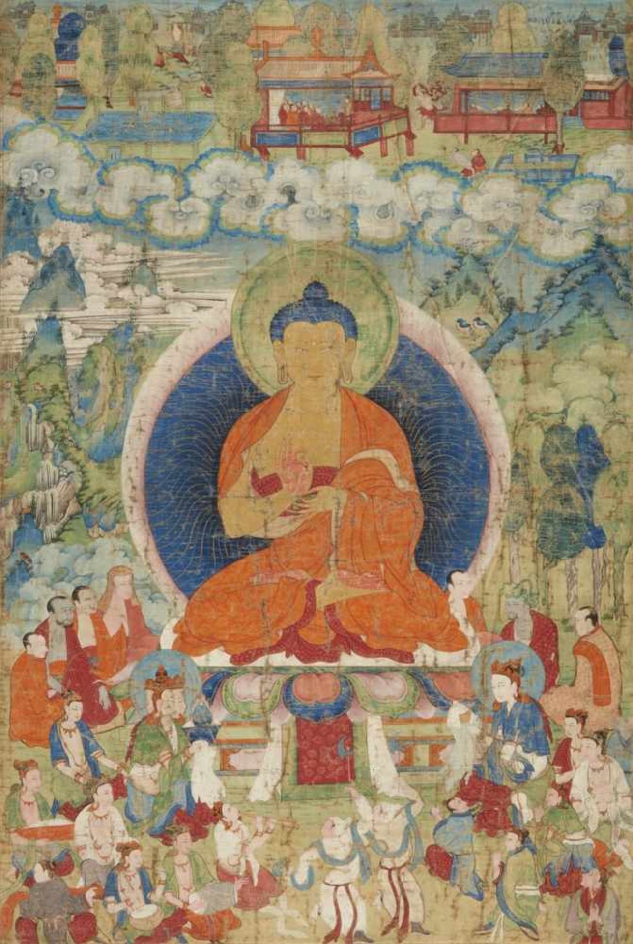 An excellent and large Tibetan thangka of a preaching Buddha. 18th century