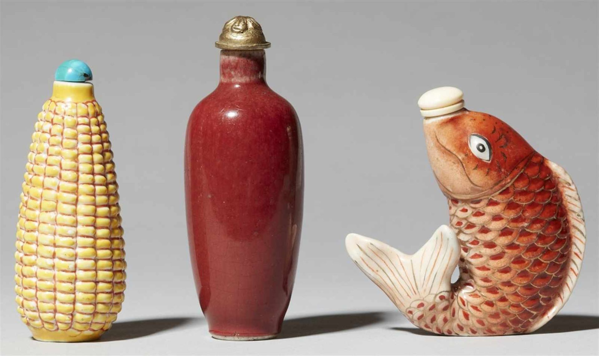 Three porcelain snuff bottles. 20th century