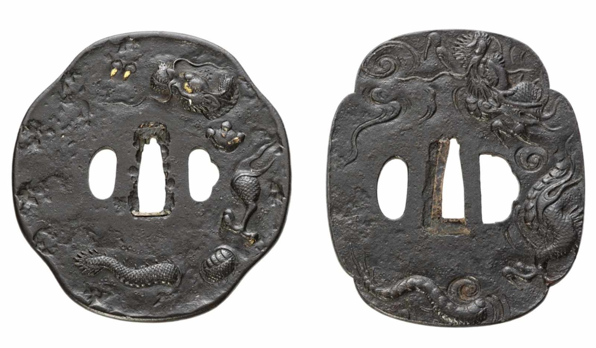 Two mokkô-shaped iron tsuba. Edo period<