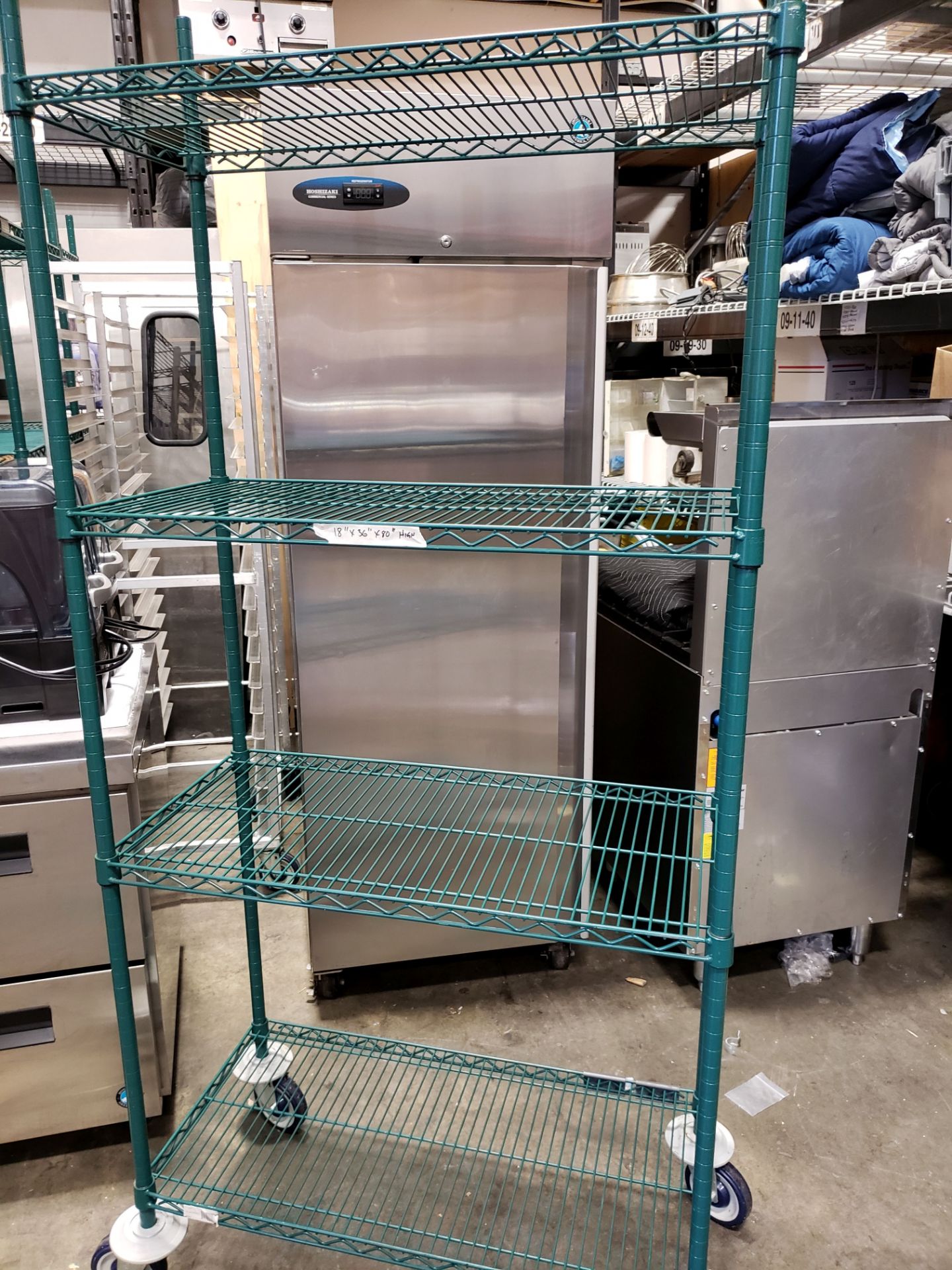 18" x 36" x 80" High Green Epoxy 4 Shelf Rack on Casters