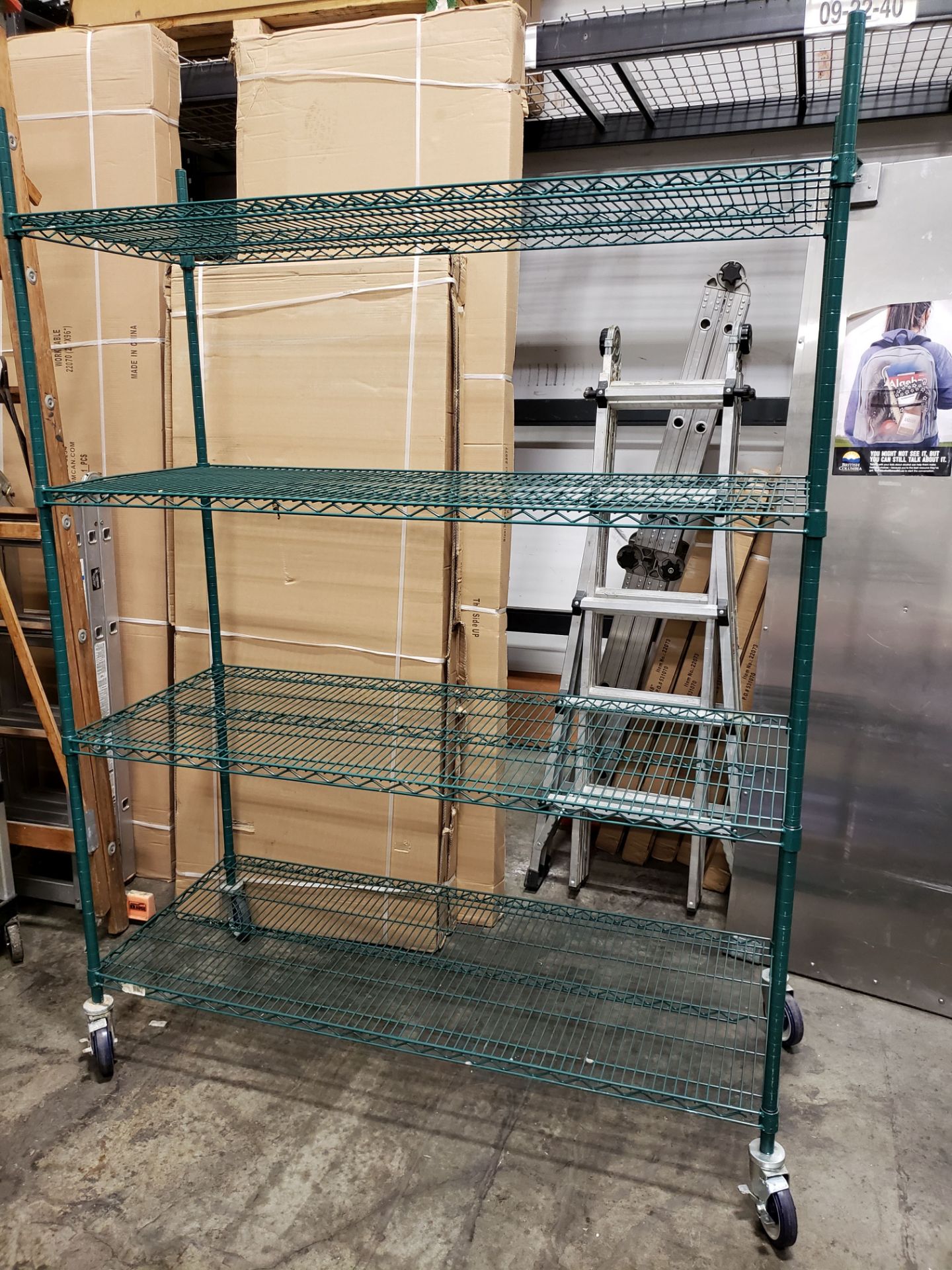 24" x 60" x 80" High Green Epoxy 4 Shelf Rack on Casters