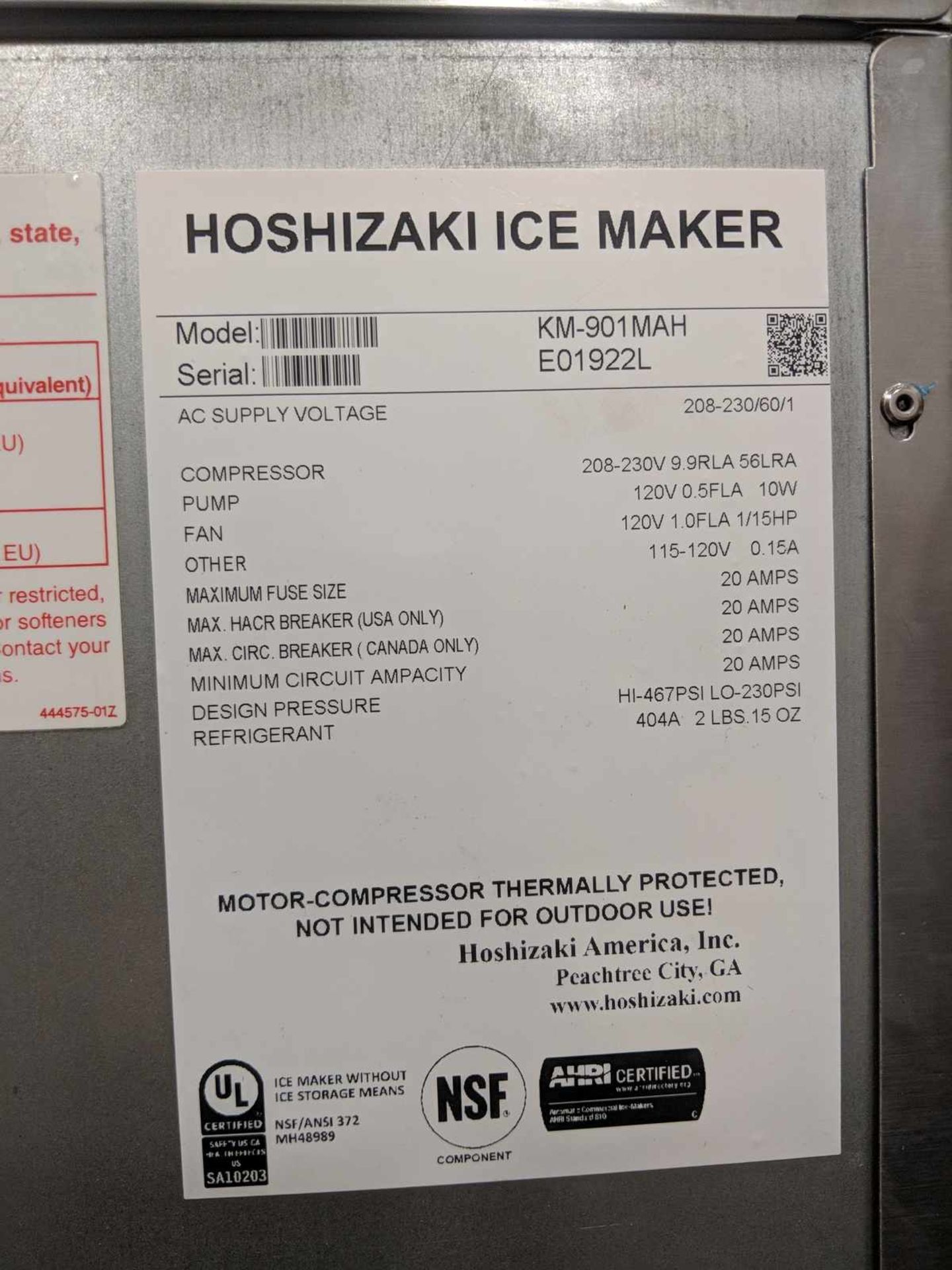 Hoshizaki 920lb Crescent Cube Ice Machine with 700lb 44" Ice Storage Bin - Image 5 of 6