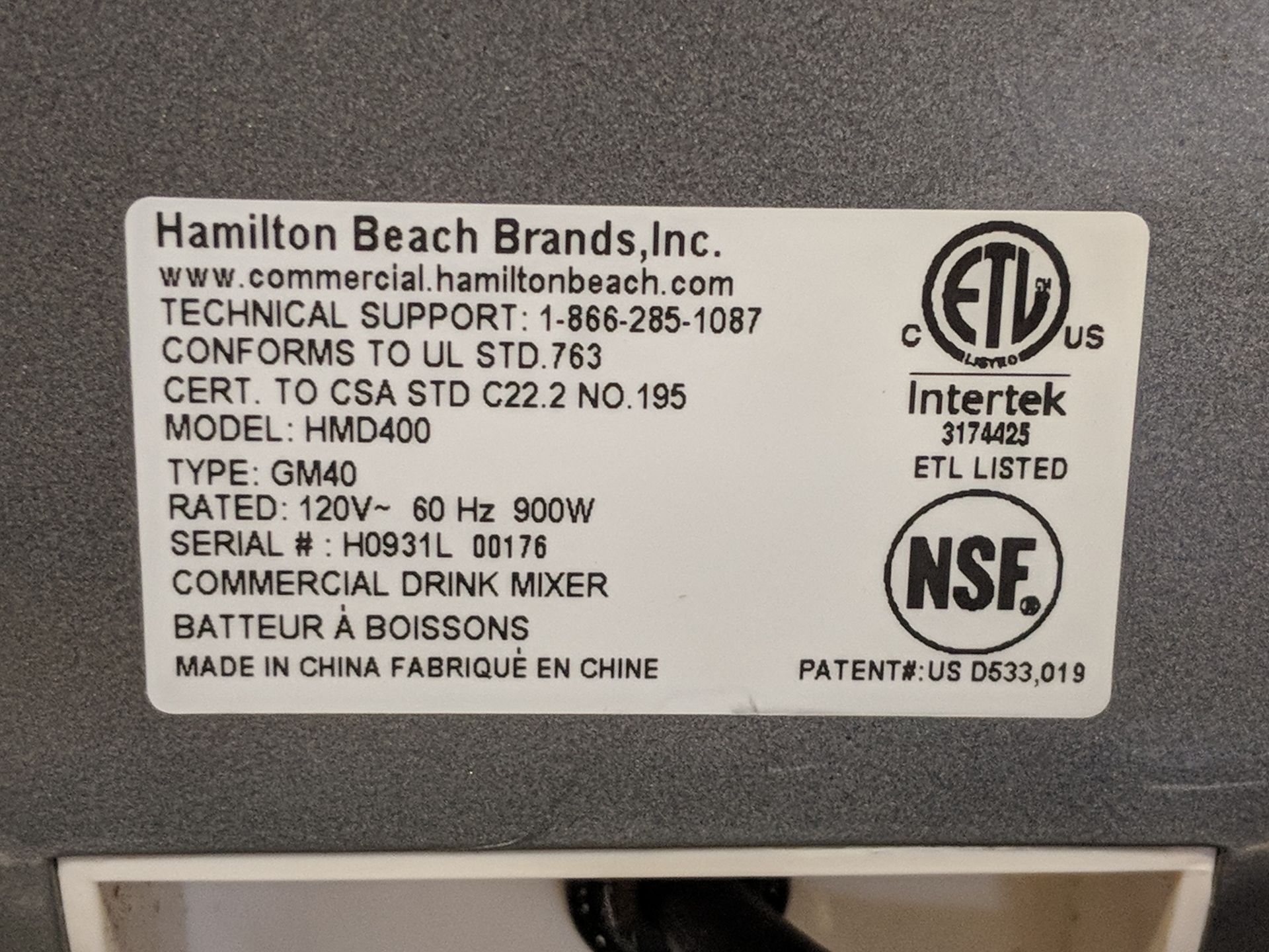 Hamilton Beach Triple Mixer, 120v, model HMD400, serial #H0931L - Image 4 of 4