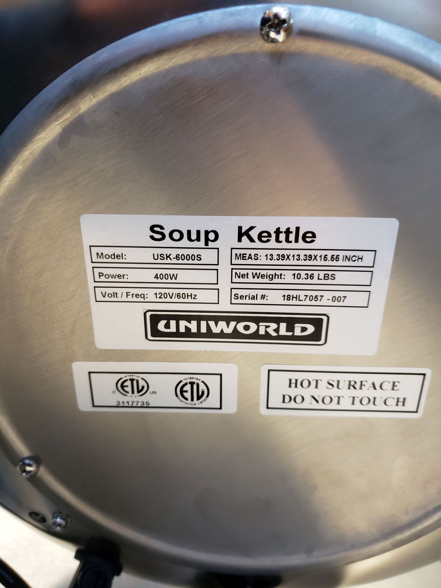 10.5qt Stainless Steel Soup Warmer, Uniworld USK-6000S - Image 3 of 3