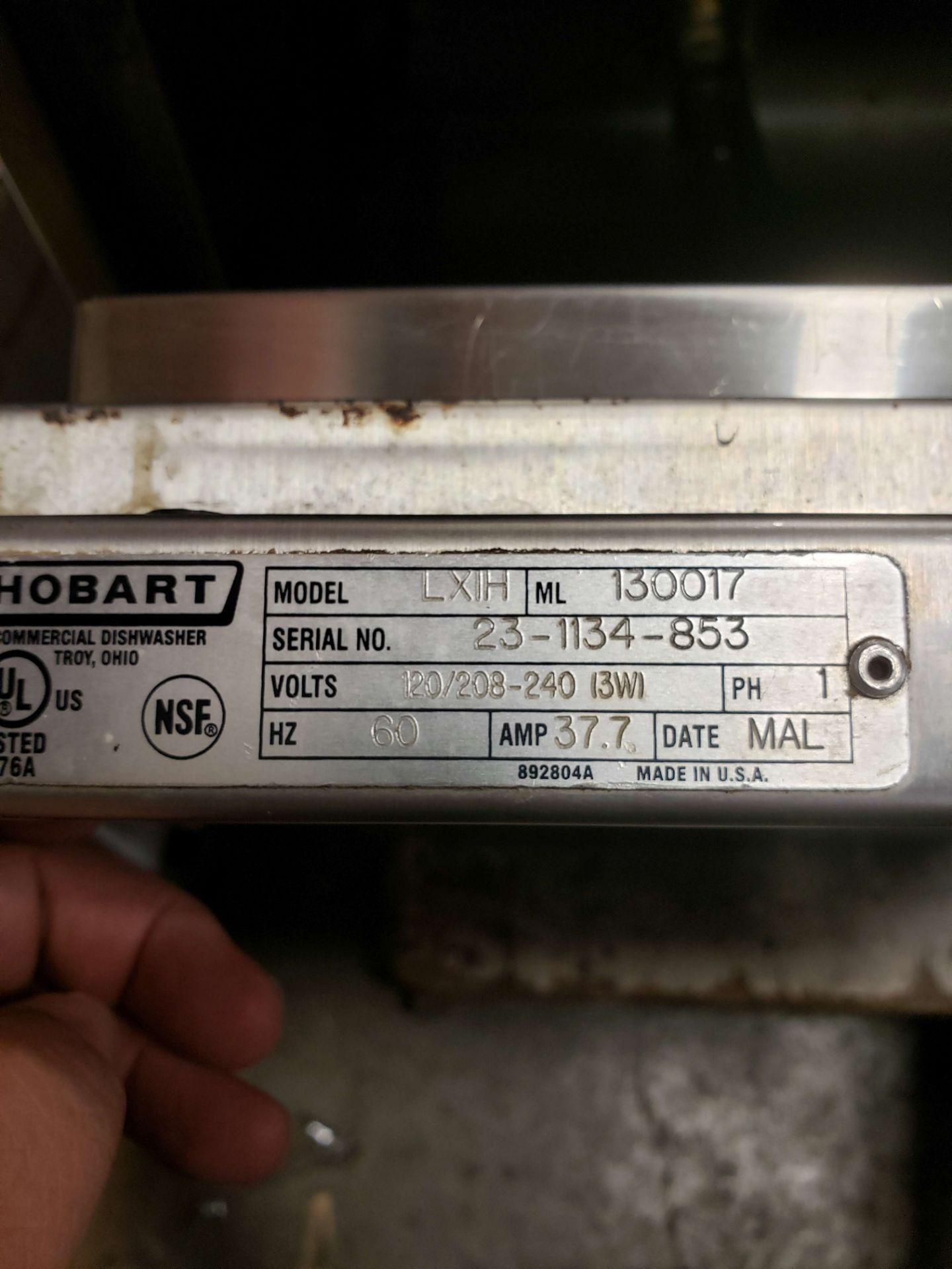 Hobart LXI High Temp Dishwasher - Single Phase - S/N 23-1134-853 - Image 3 of 3