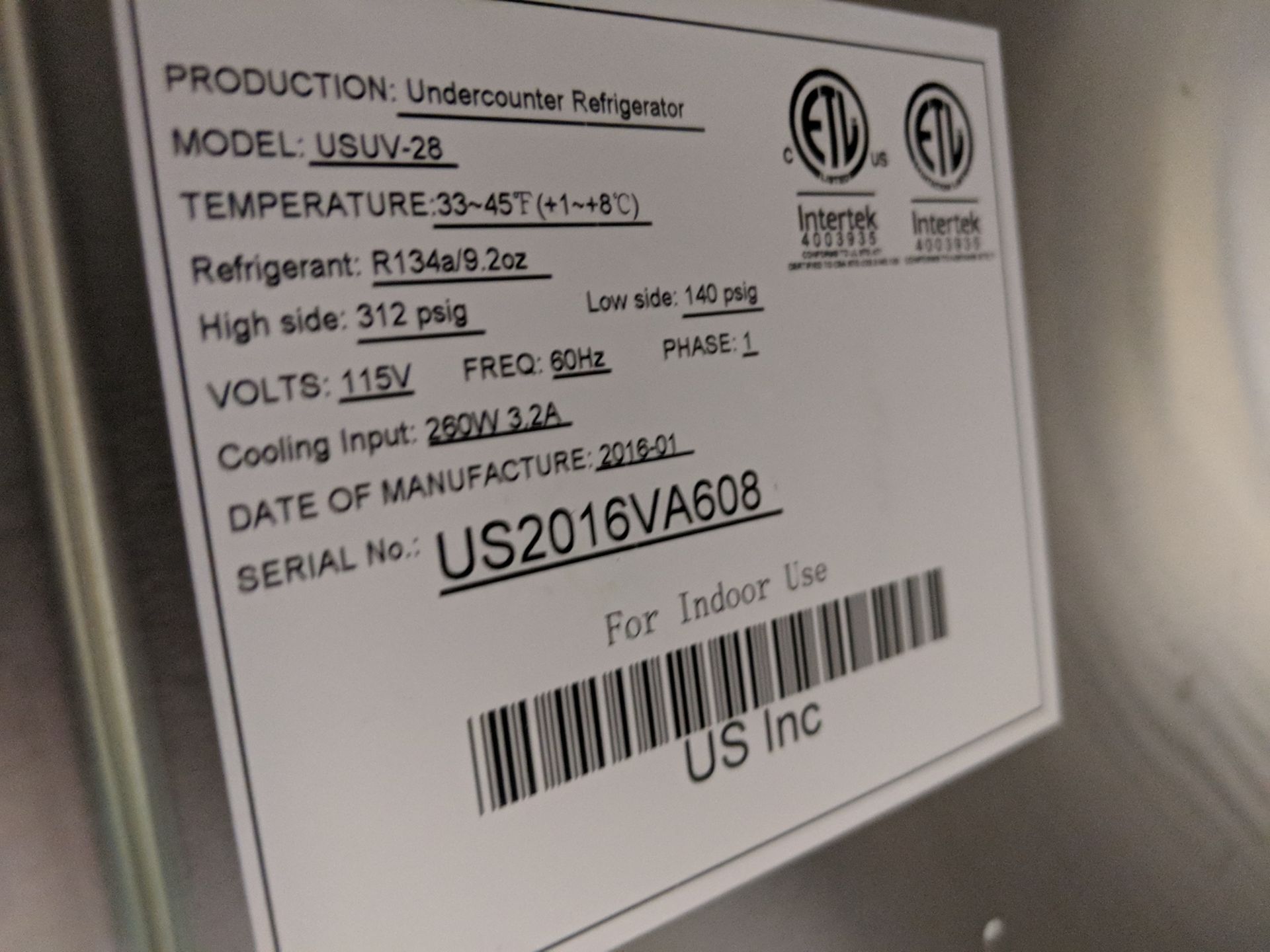 27" Undercounter Refrigerator, US INC USUV-28 - Image 4 of 5