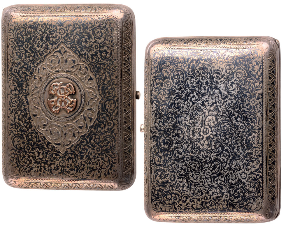 Silver gilt and niello cigarette case