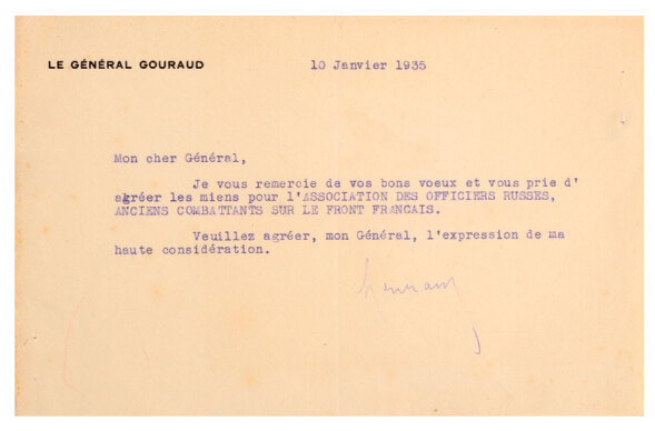 Letter of thanks from General Gouraud to General Taranovski