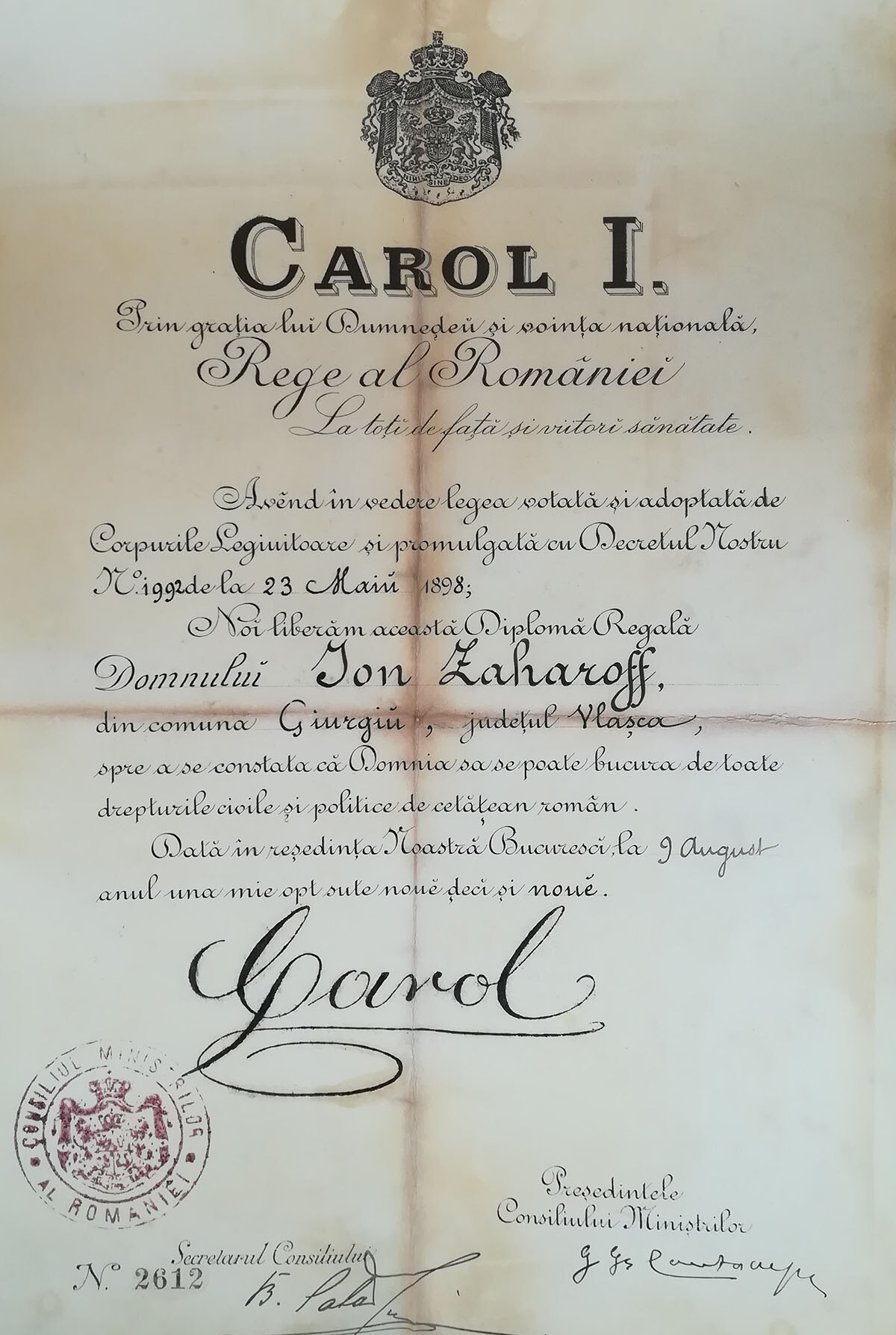 Royal Diploma of Romanian Citizenship for a Jewish Man from Giurgiu