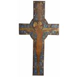 LARGE GILDED COPPER CROSS WITH CHAMPLEVÉ ENAMEL. LIMOGES. FRANCE. ROMANESQUE. CIRCA 1170 - 1190.