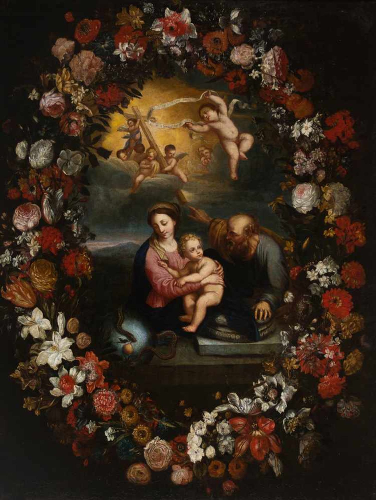 17th century French School. "Holy Family with a border of flowers" Oil on canvas 130 x 99 cm.