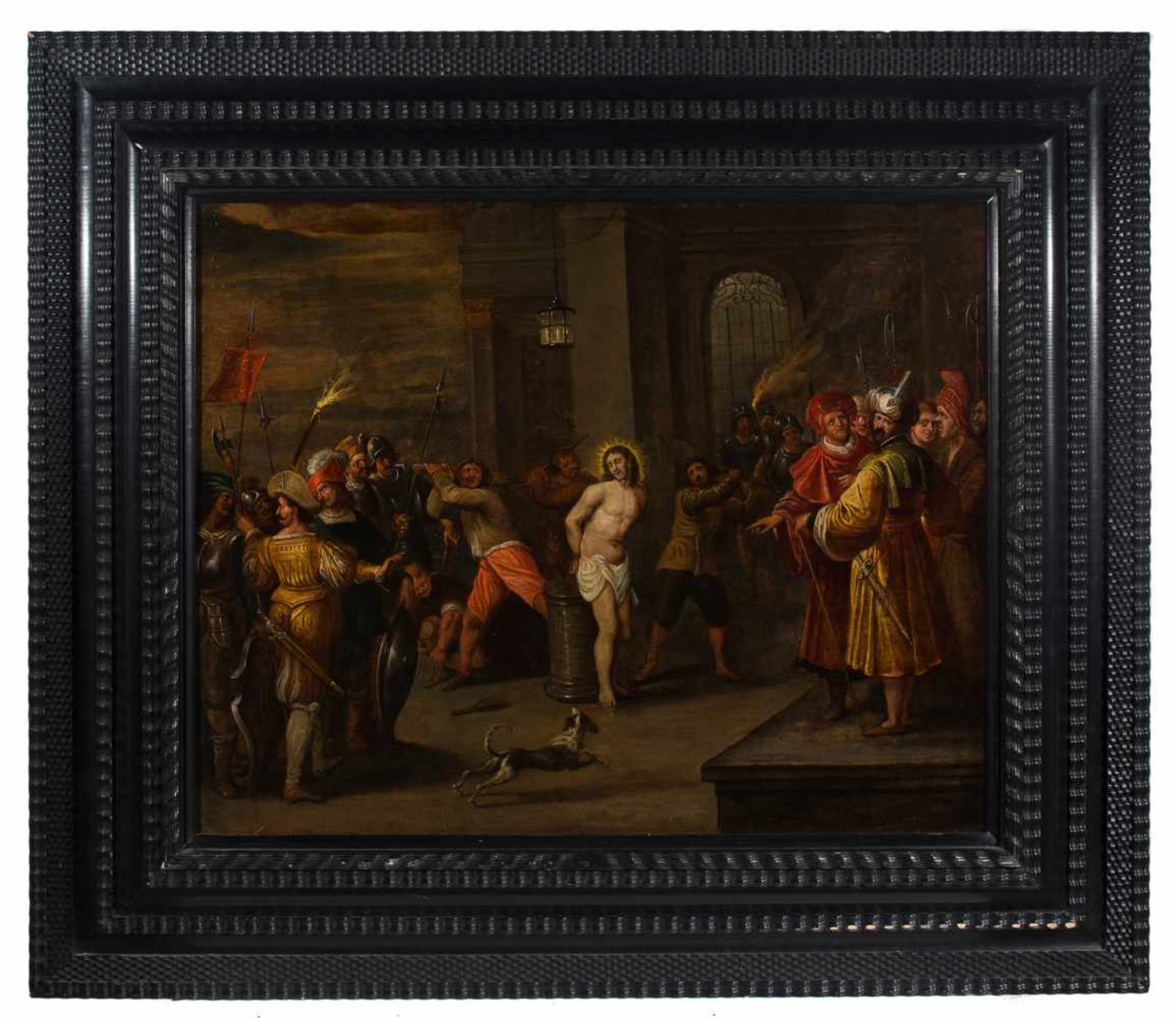 17th century Antwerp School. Circa 1640 - 1650. "The flagellation of Christ" Oil on copper. With a