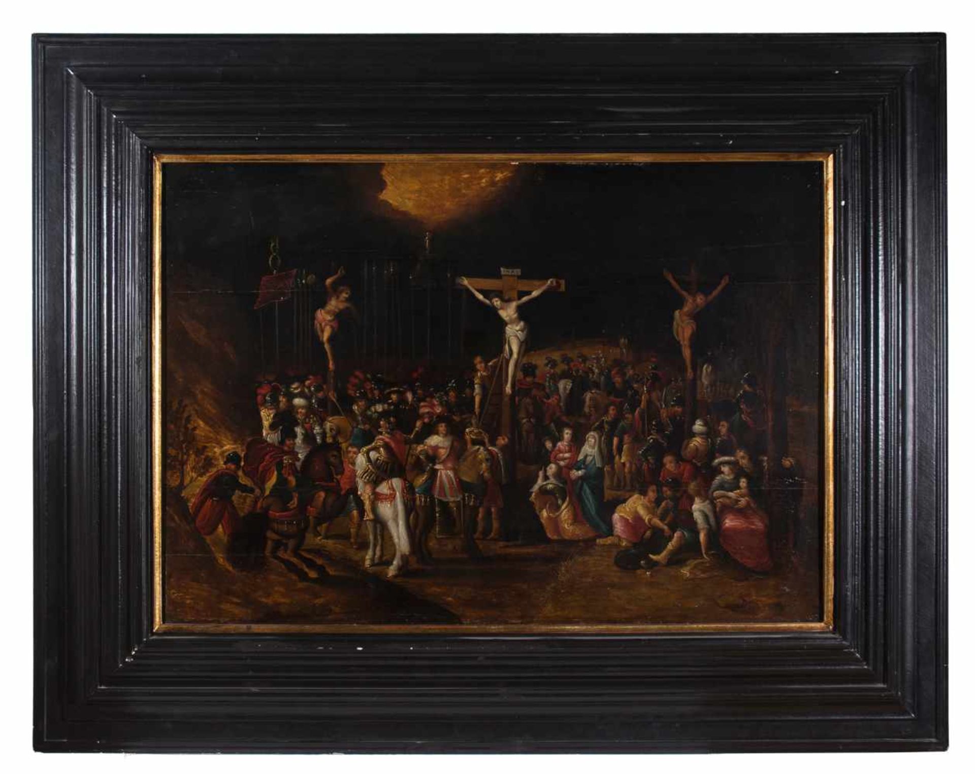 16th century Flemish School. In the style of Louis de Caullery. "Calvary" Oil panel painting.