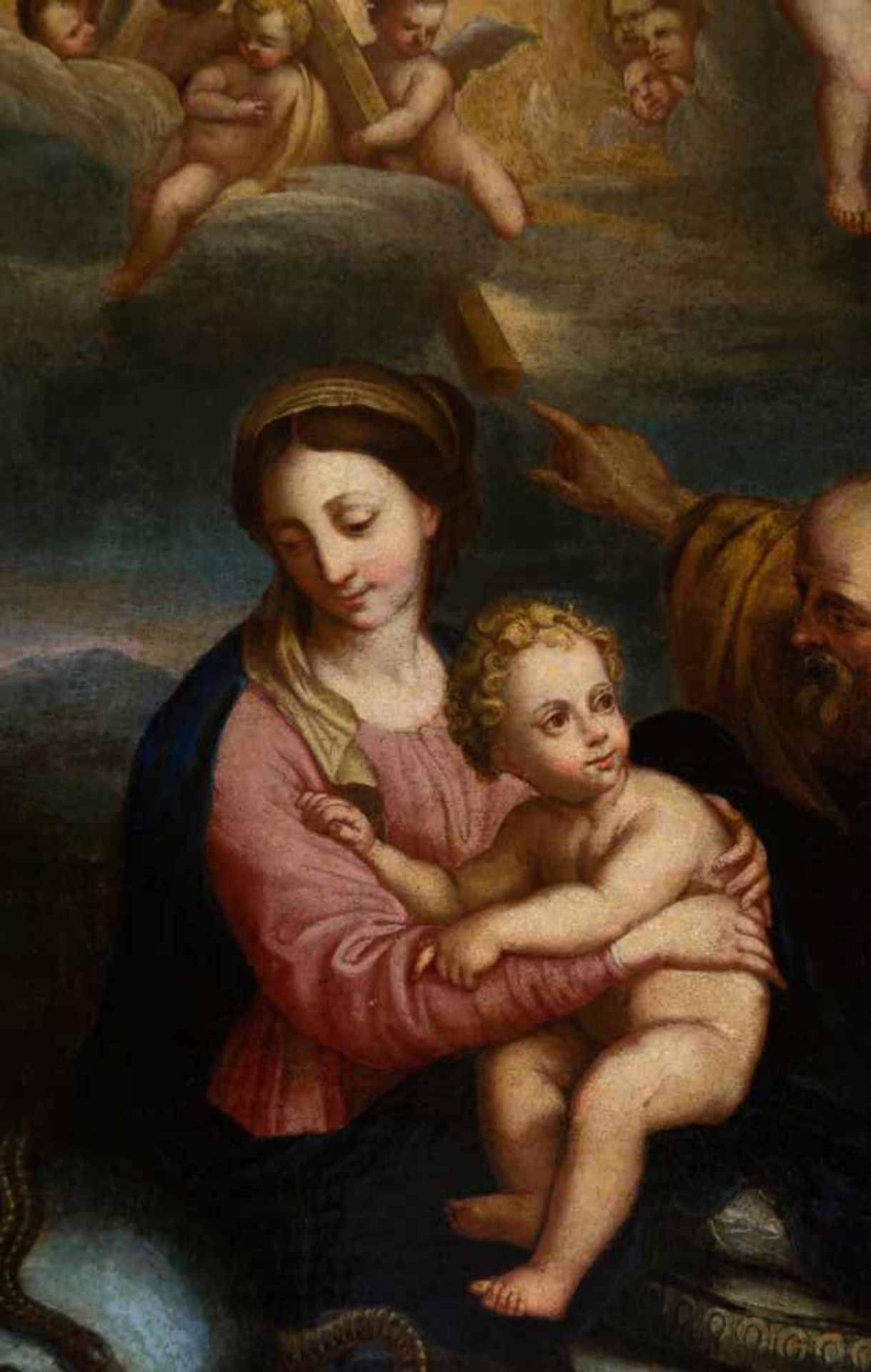 17th century French School. "Holy Family with a border of flowers" Oil on canvas 130 x 99 cm. - Bild 4 aus 10