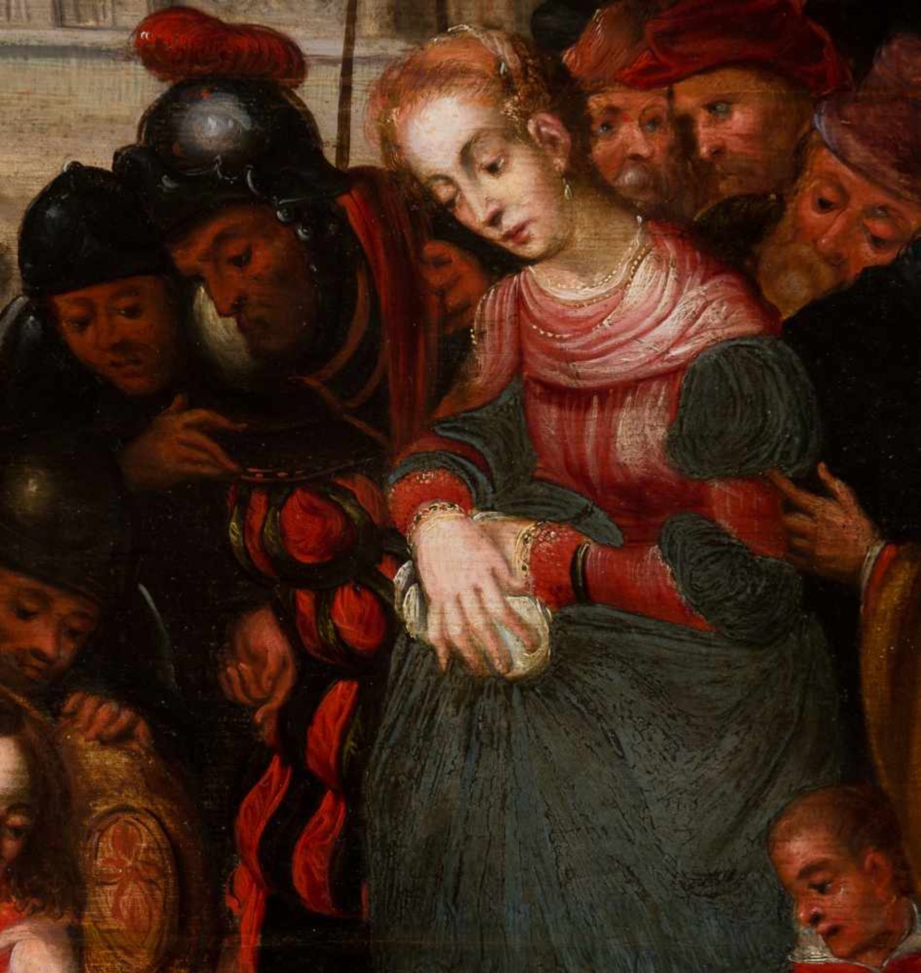 16th century Flemish School "Christ and the adulteress" Oil panel painting. 73 x 104 cm. - Bild 4 aus 9