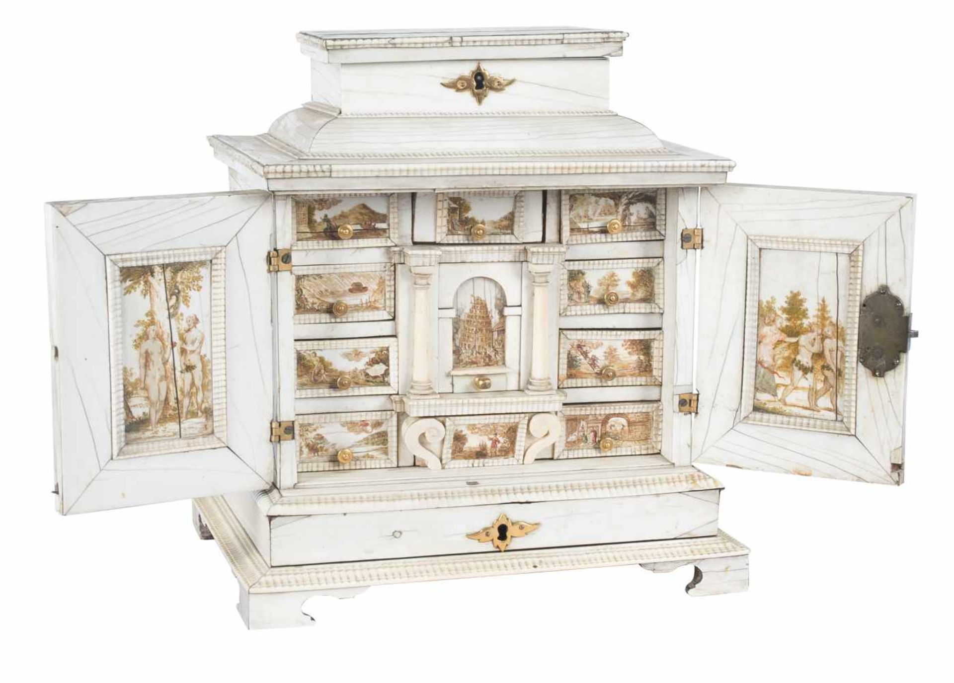 An important german wooden chest covered in ivory and painted ivory with gilded bronze fixings.