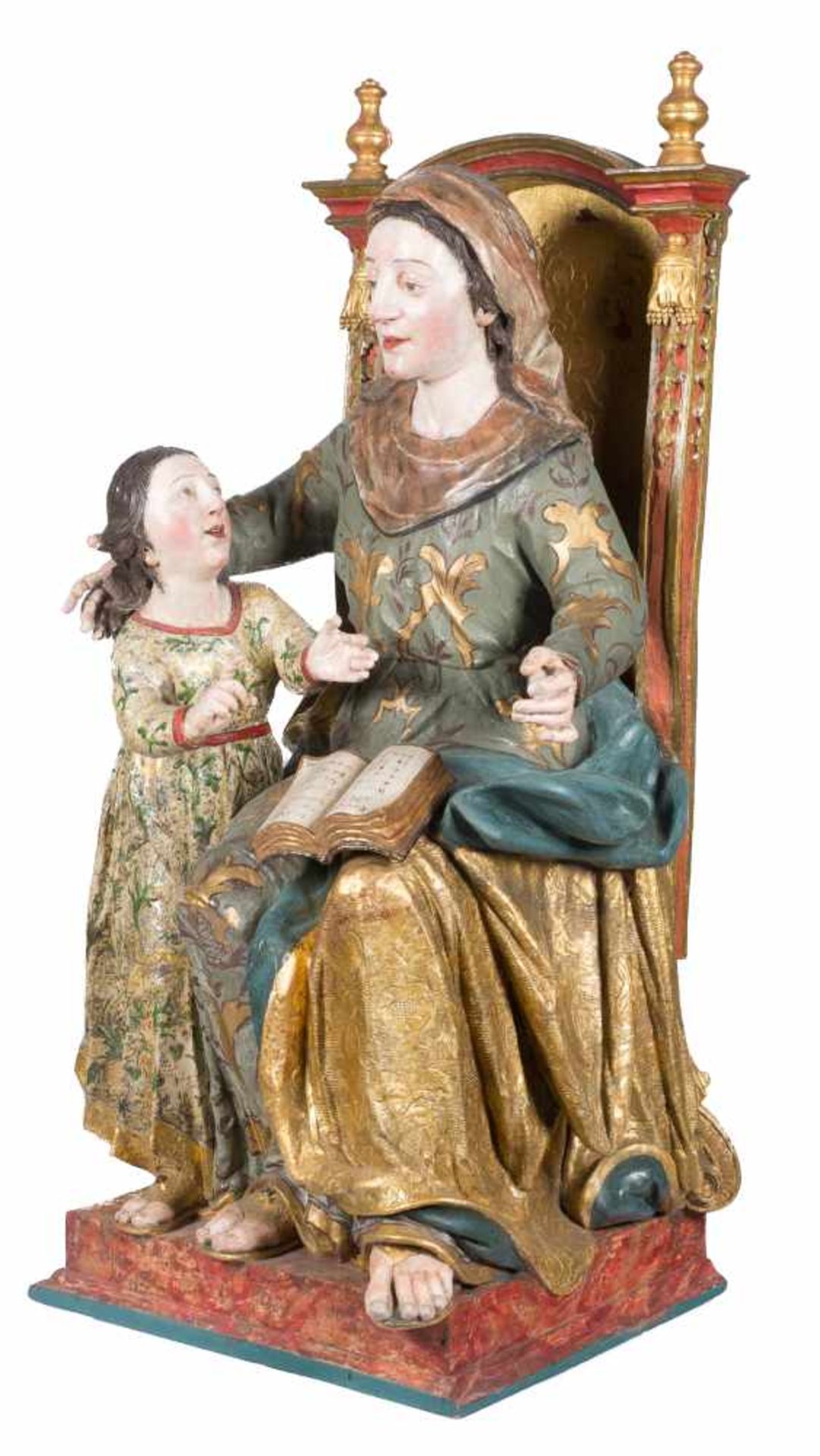 Saint Anne and the education of Mary Carved, gilded and polychromed wooden sculpture with estofado