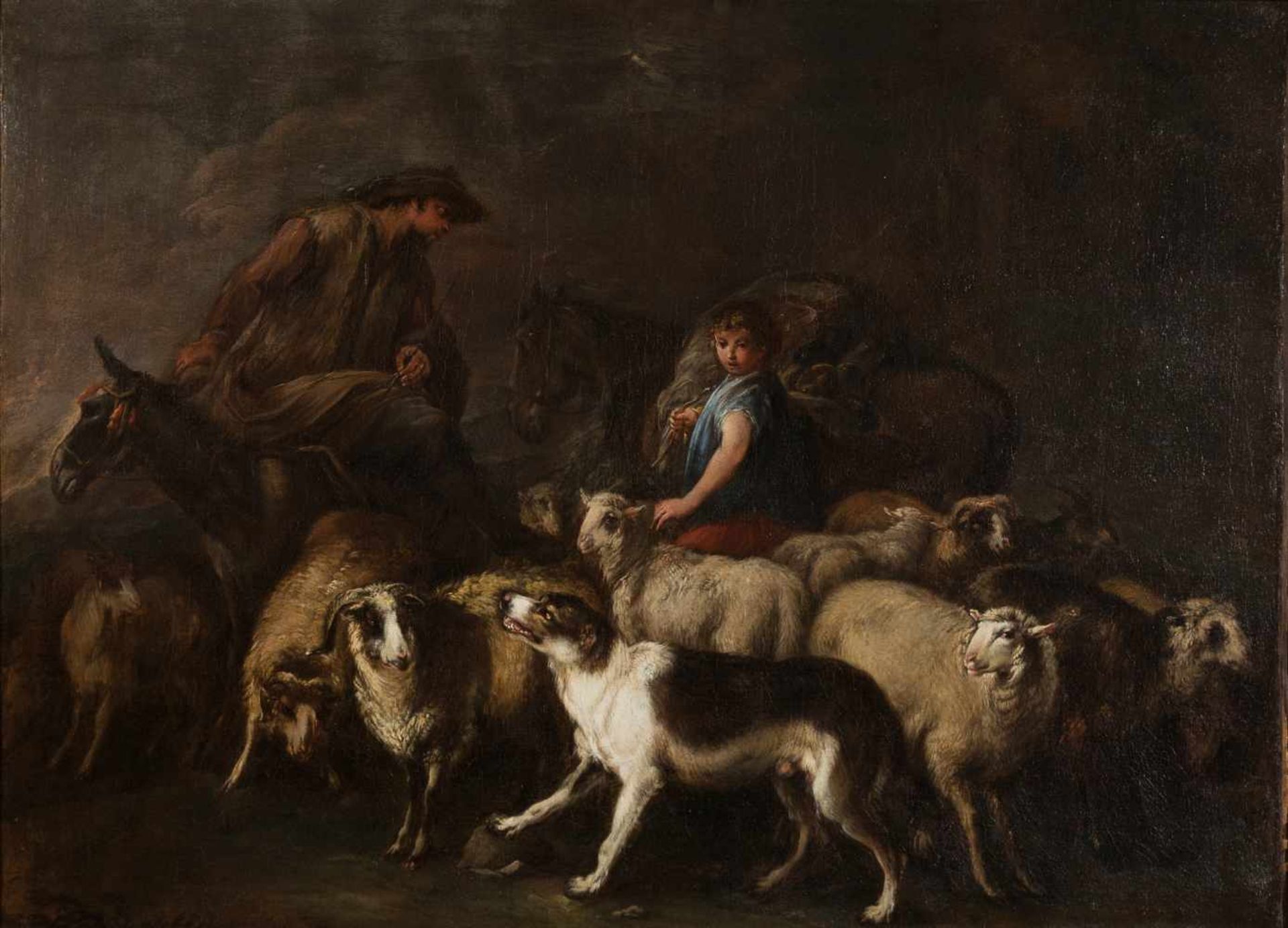 17th century Italian School "Pastoral scene" Oil on canvas. 76 x 105 cm. Both the theme and the