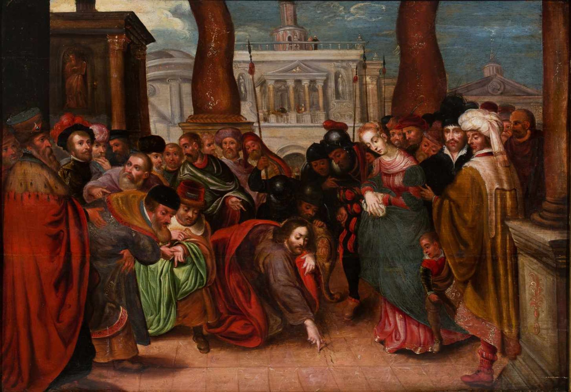 16th century Flemish School "Christ and the adulteress" Oil panel painting. 73 x 104 cm.