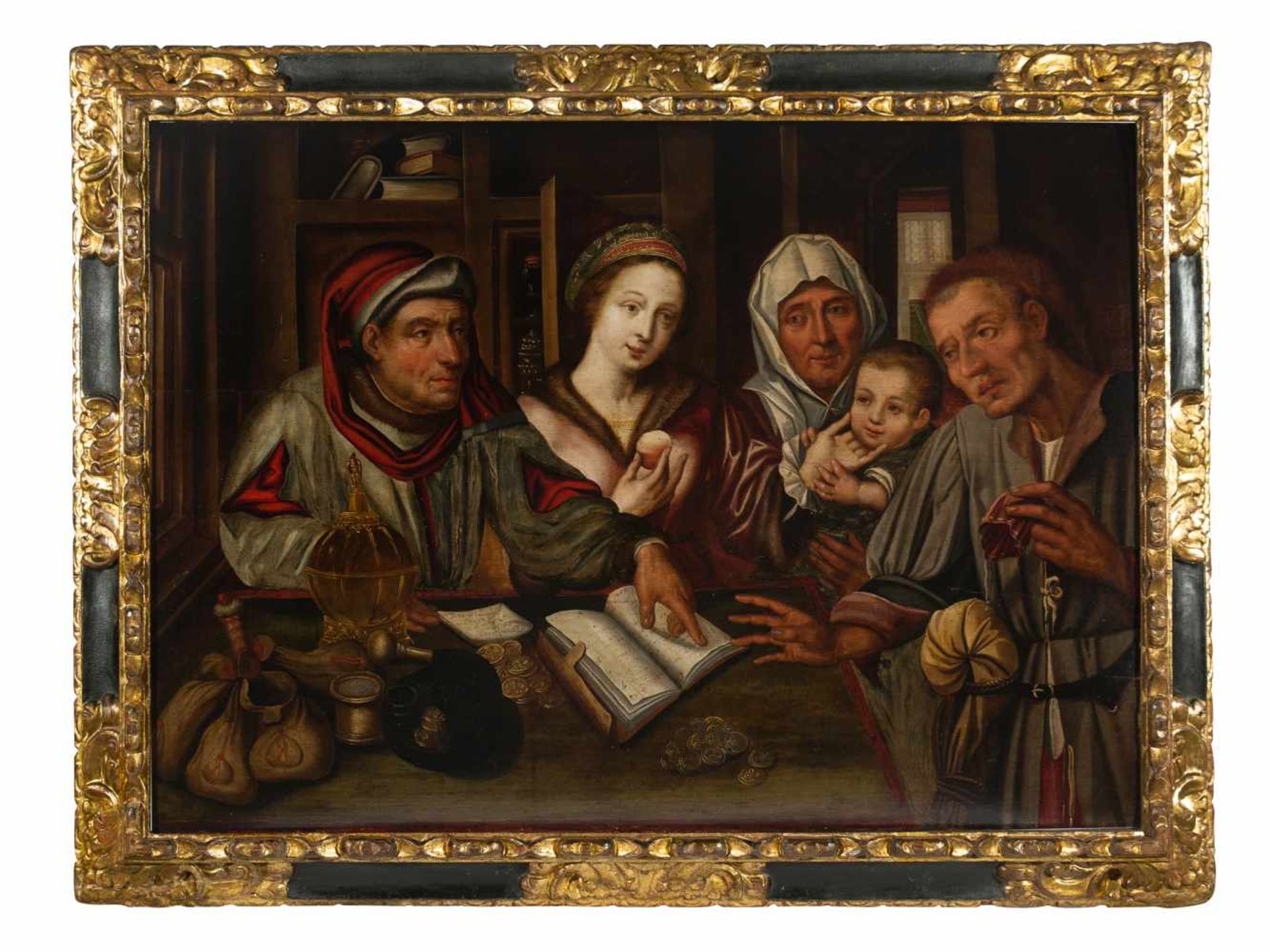 Jan Metsys atelier (Amberes, 1509 - 1575) "Moneylender" Oil on panel. The mark of Antwerp is on