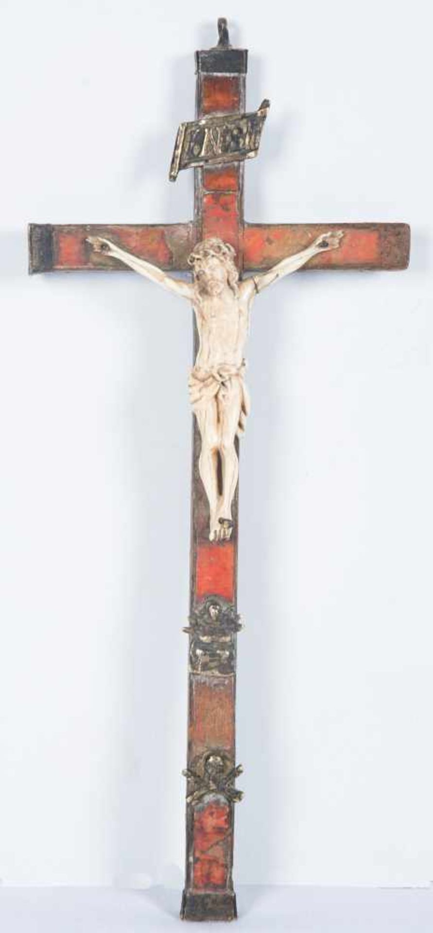 Crucifix. Christ sculpted in ivory with a wooden cross covered in tortoiseshell plaques with