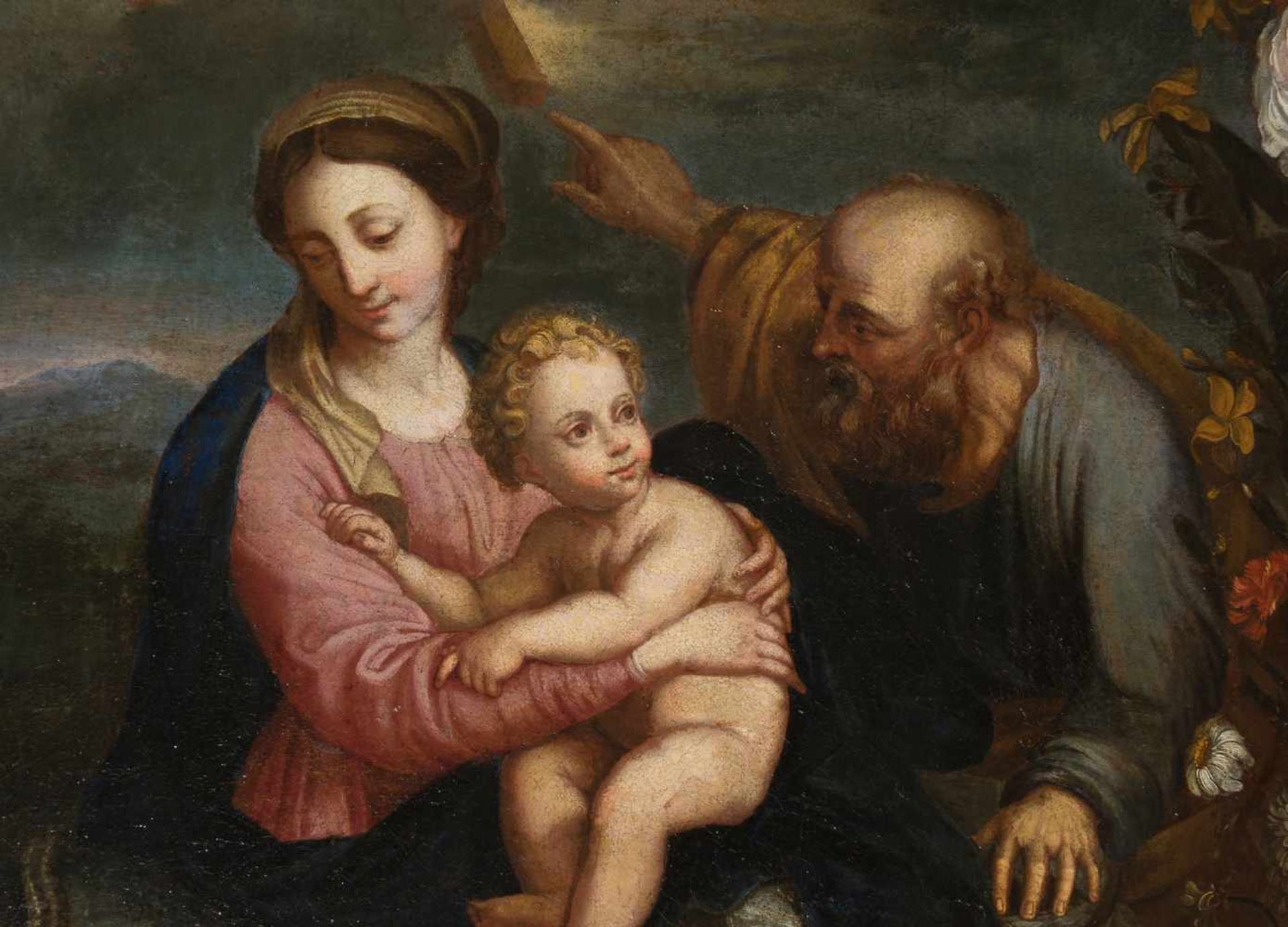 17th century French School. "Holy Family with a border of flowers" Oil on canvas 130 x 99 cm. - Bild 3 aus 10