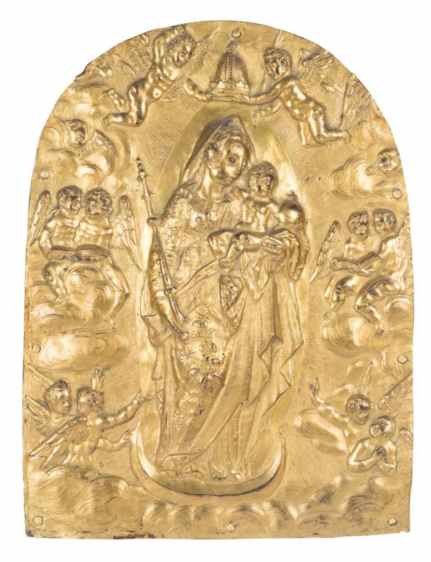 Coronation of the Virgin Gilded, chased and embossed bronze relief. Italy. 16th century. Magnificent