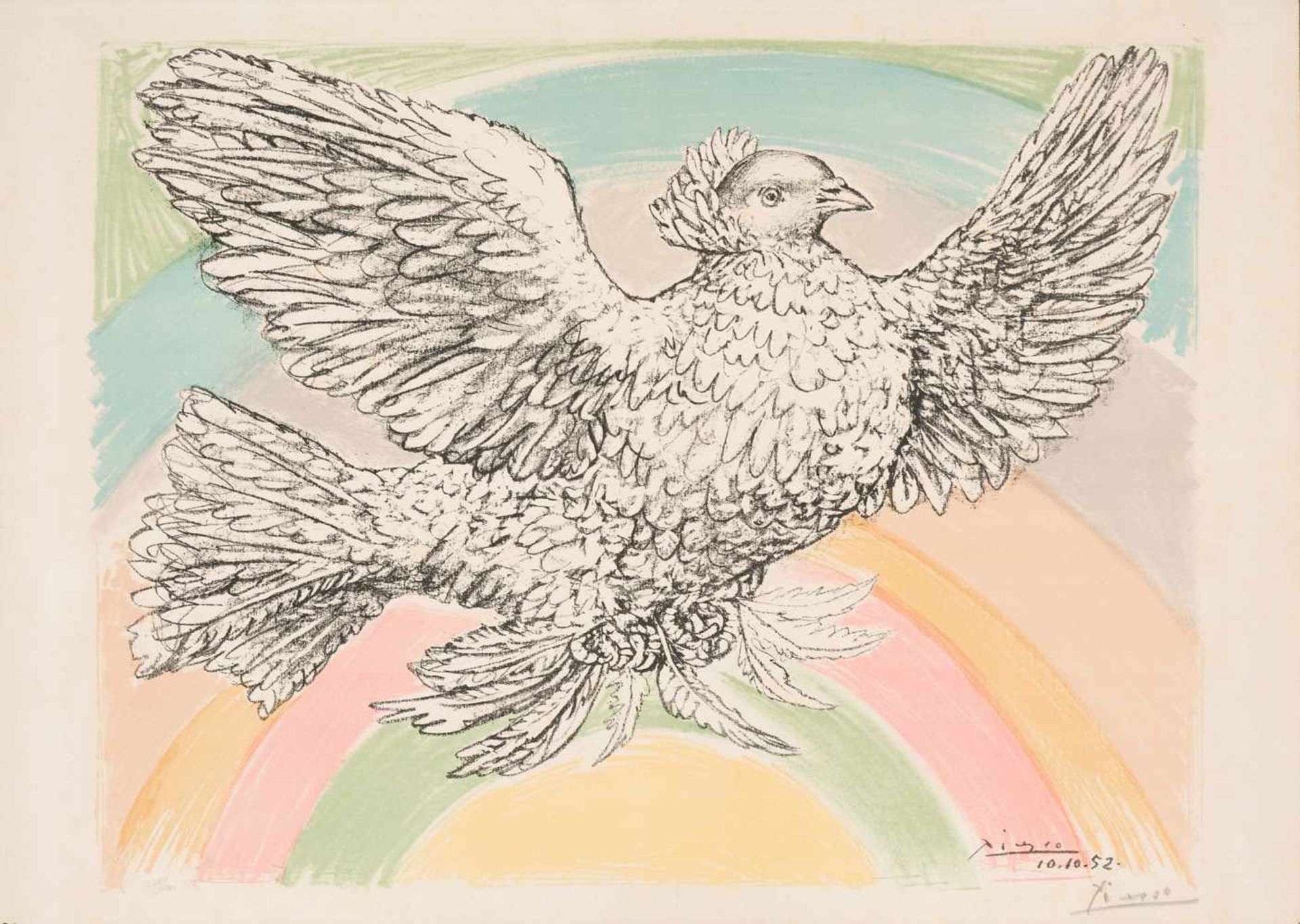 Pablo Ruiz Picasso (Malaga, 1881 - Mougins, 1973)"Colombe voland (à l’arc-en-ciel)" (Flying dove