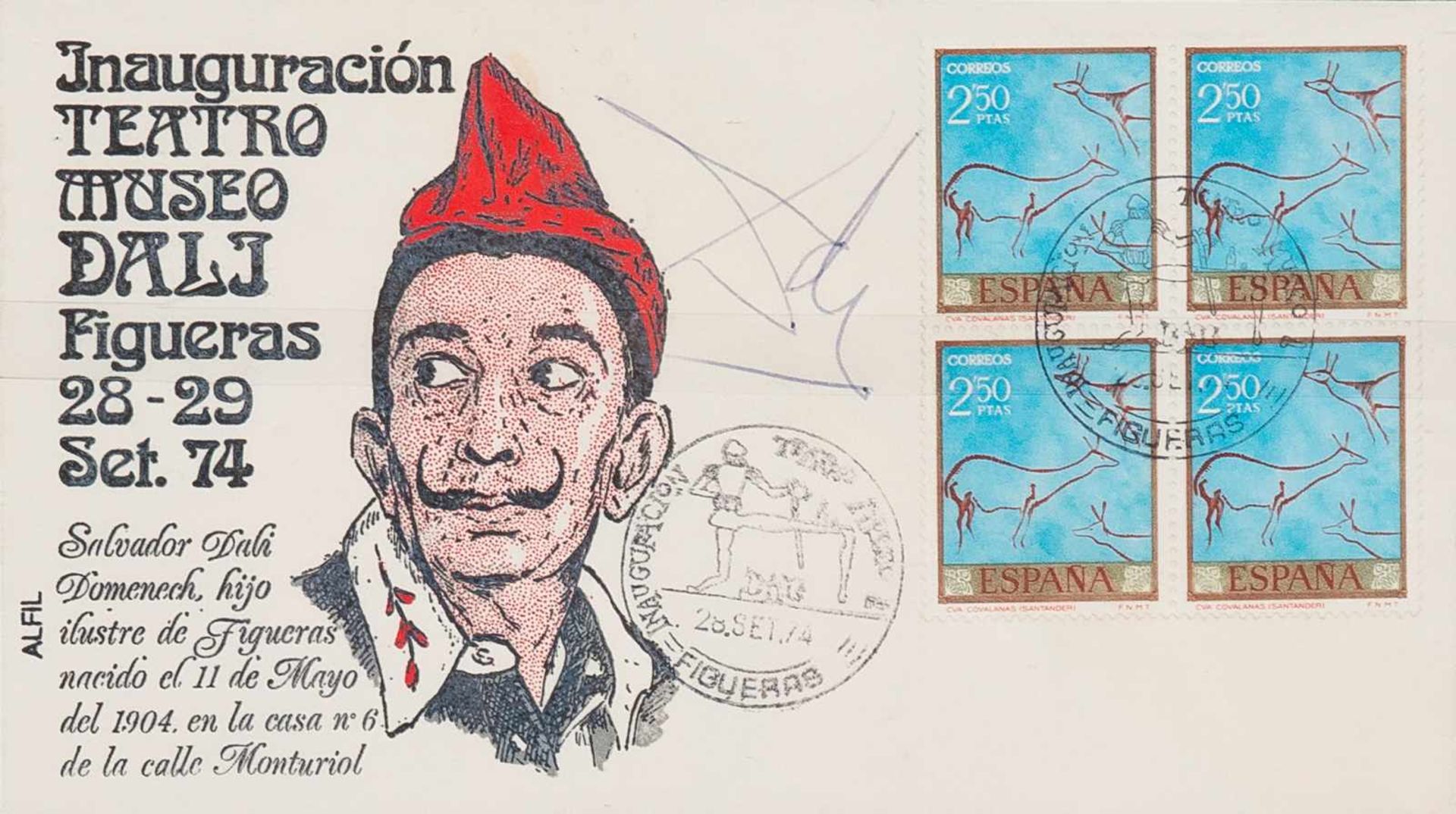 Salvador Dalí (Figueres, 1904 - 1989)Autógrafo a bolígrafo realizado en un sobre de carta