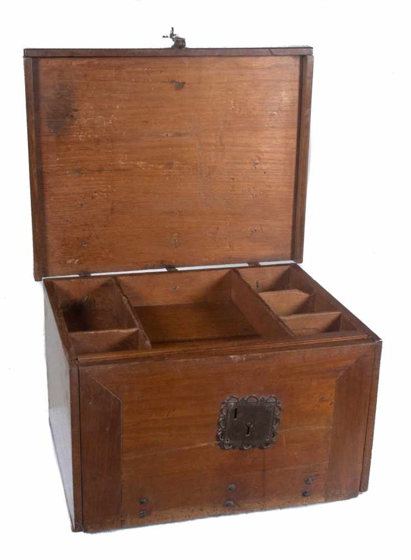 Wooden chest writing desk with iron fixtures. 16th century.The folding cover hides the inner drawers - Bild 4 aus 5