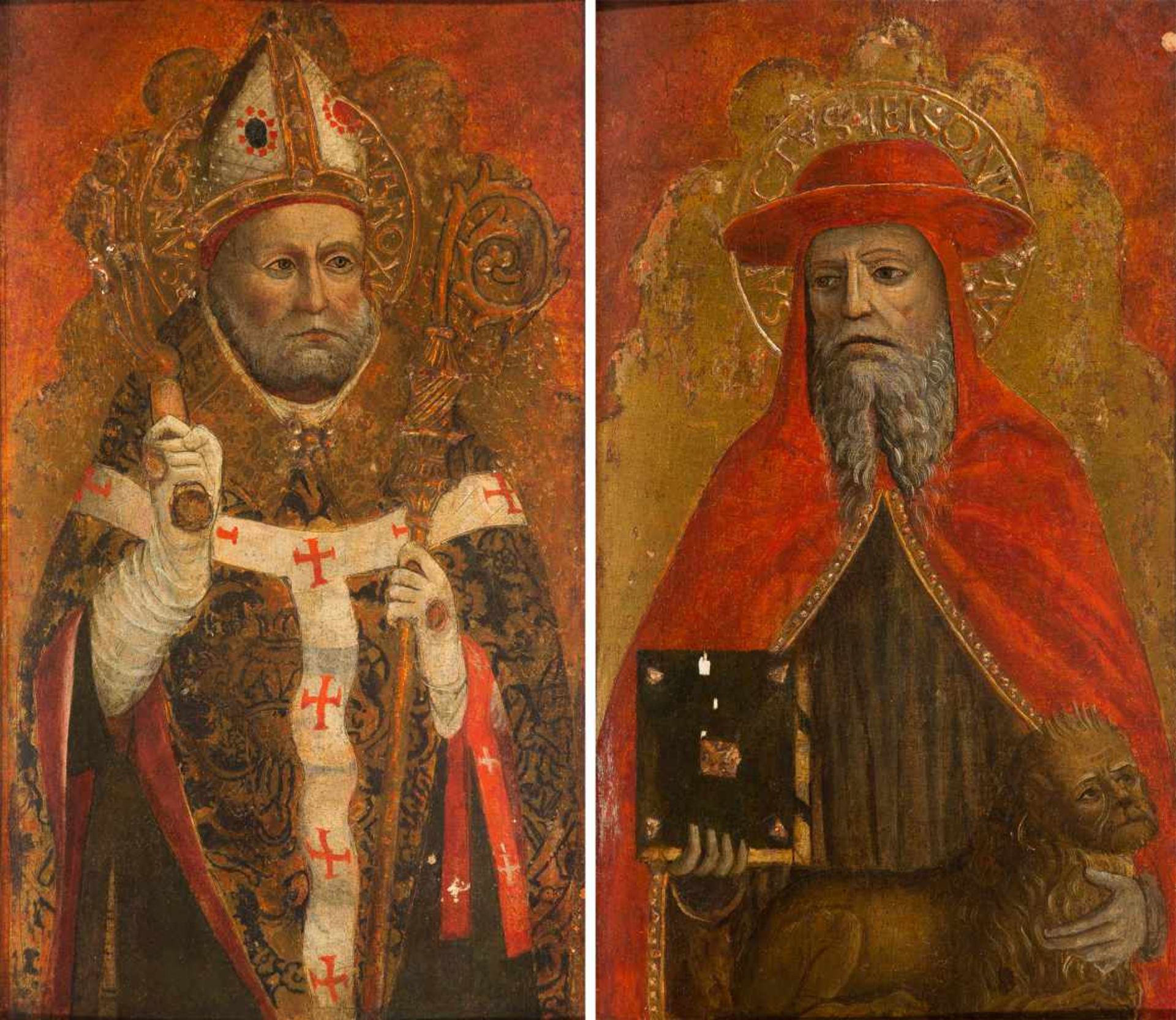 Lombardy School. Italy. Circa 1480."St. Jerome and St. Ambrose"Pair of tempera and gold leaf panel