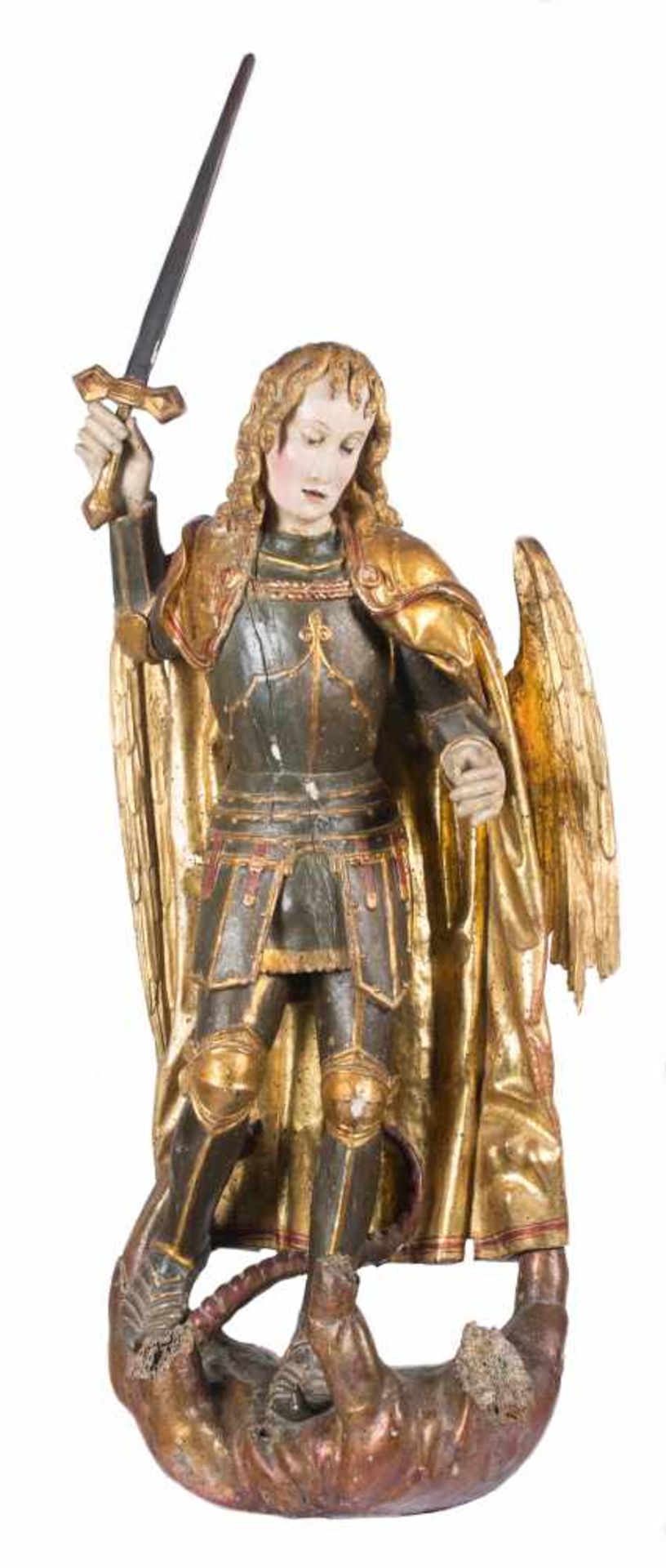 "Saint Michael" Carved, gilded and polychromed wooden sculpture. Southern Germany. Gothic. 15th