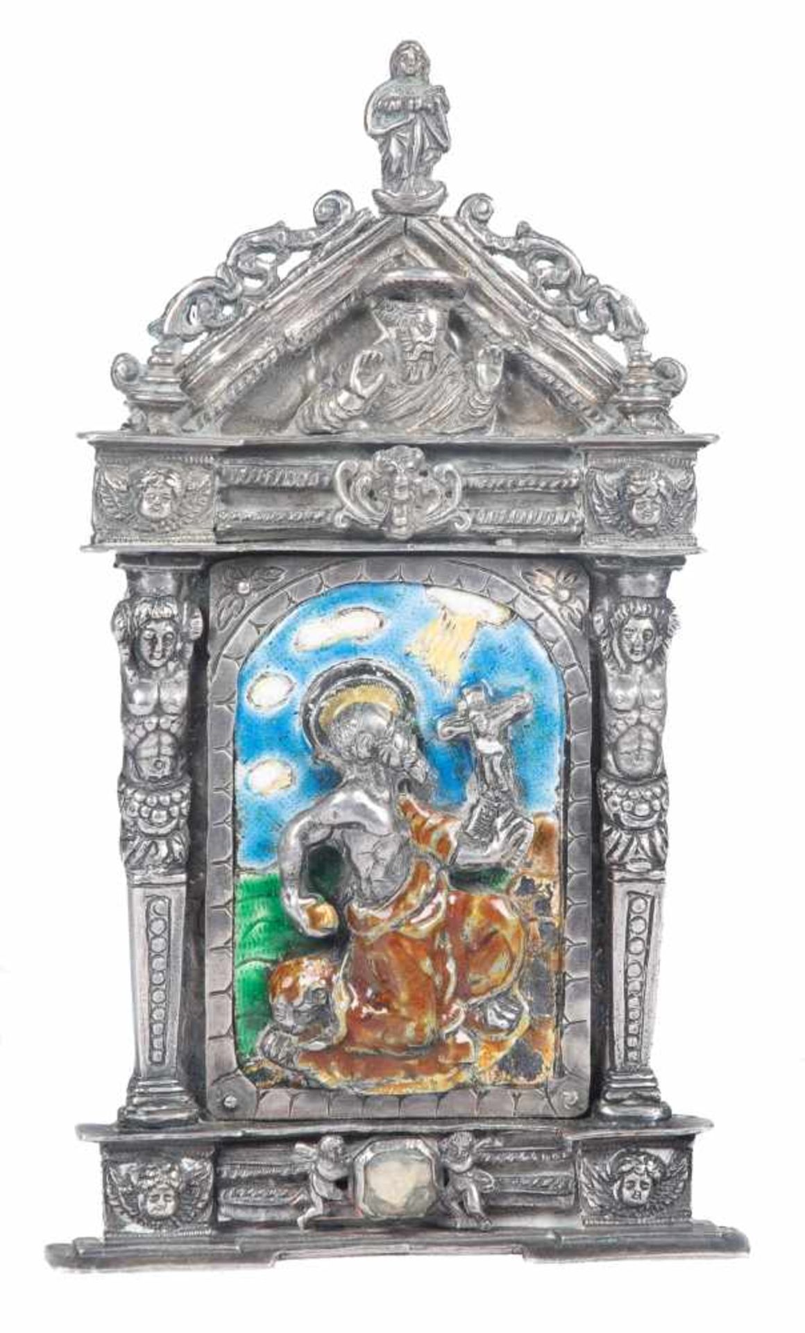 Juan de Orona (Zaragoza, documented from 1554 - 1591)Large carved silver pax which is chiselled,