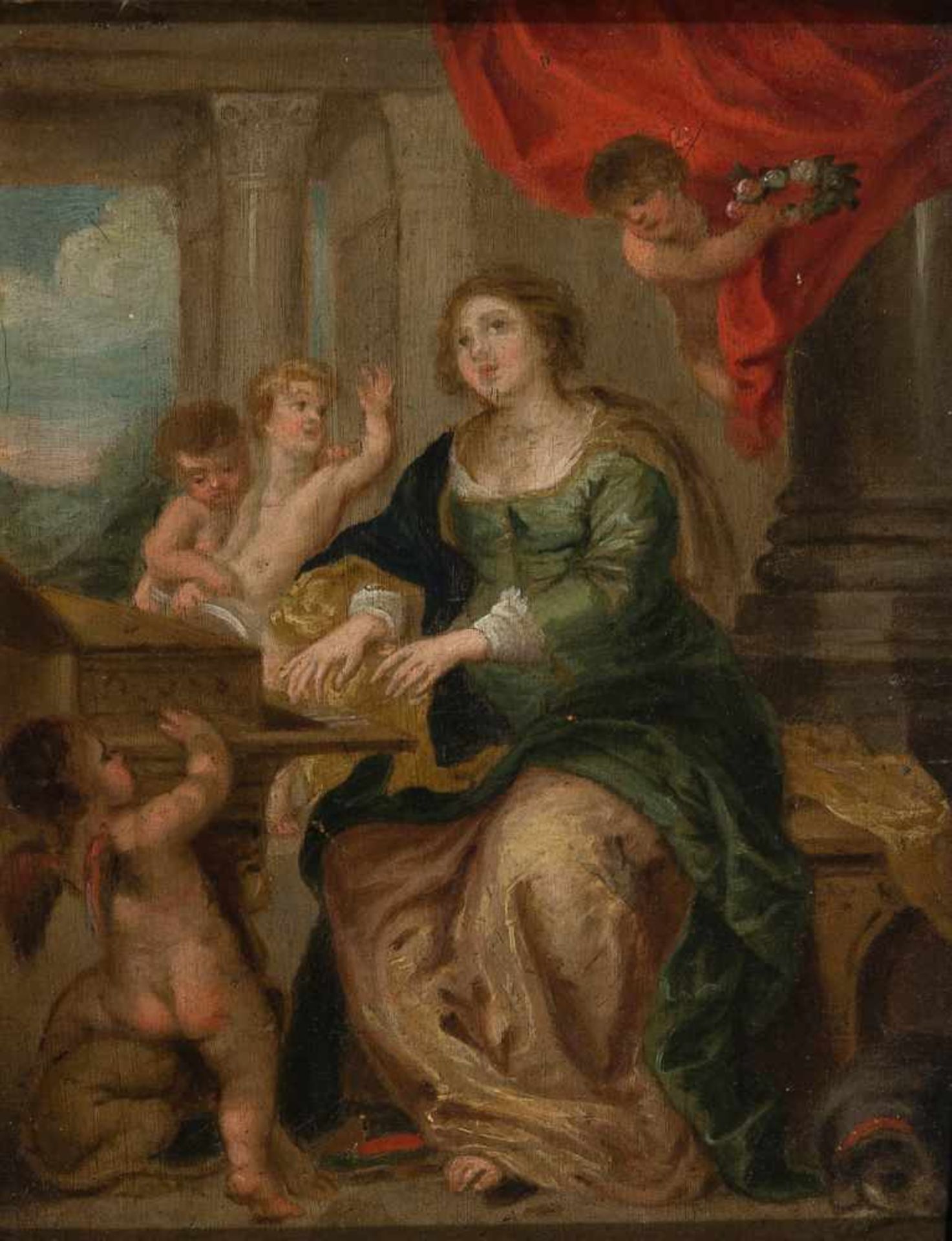 Antwerp School of the Mid-17th Century"Saint Cecile"Oil on panel. 24 x 19.5 cm. Based on the