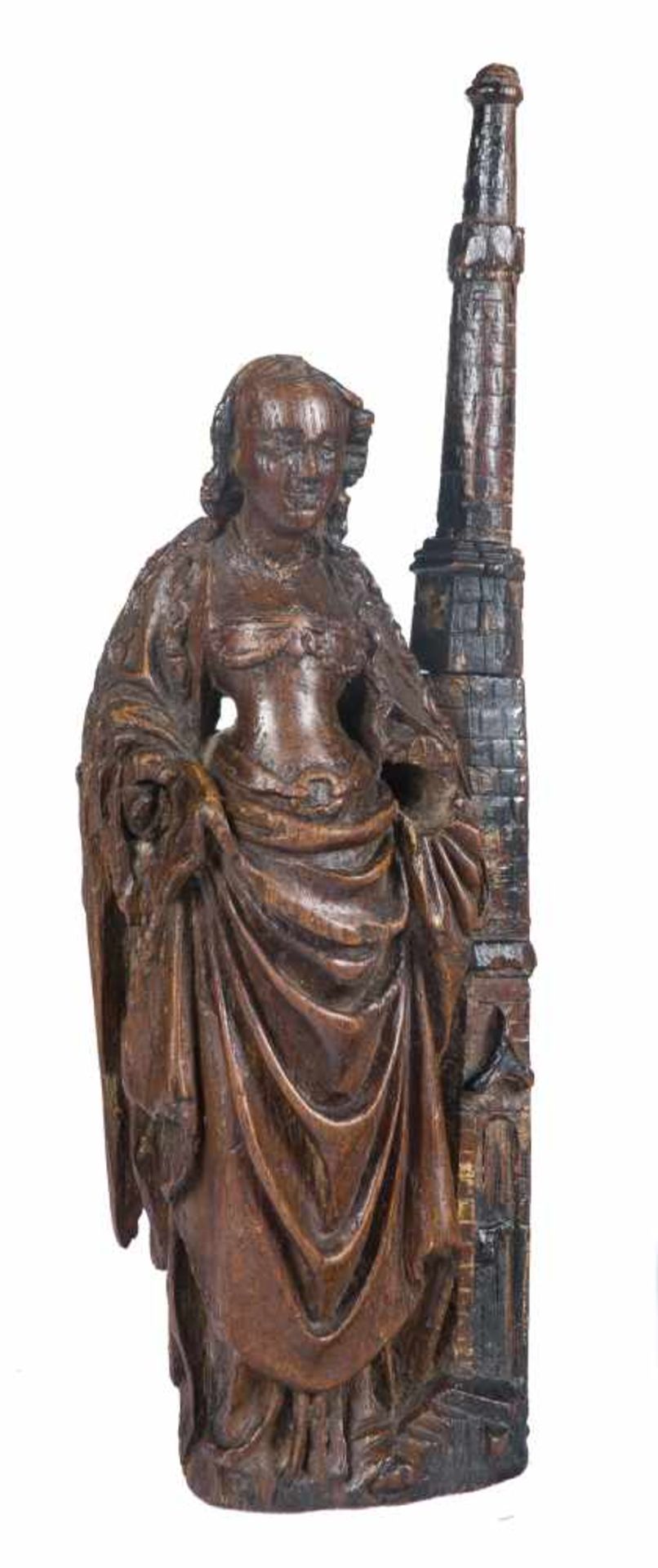 "Saint Barbara". Carved wooden sculpture. Flemish School. Mechelen. Circa 1500.Delicate