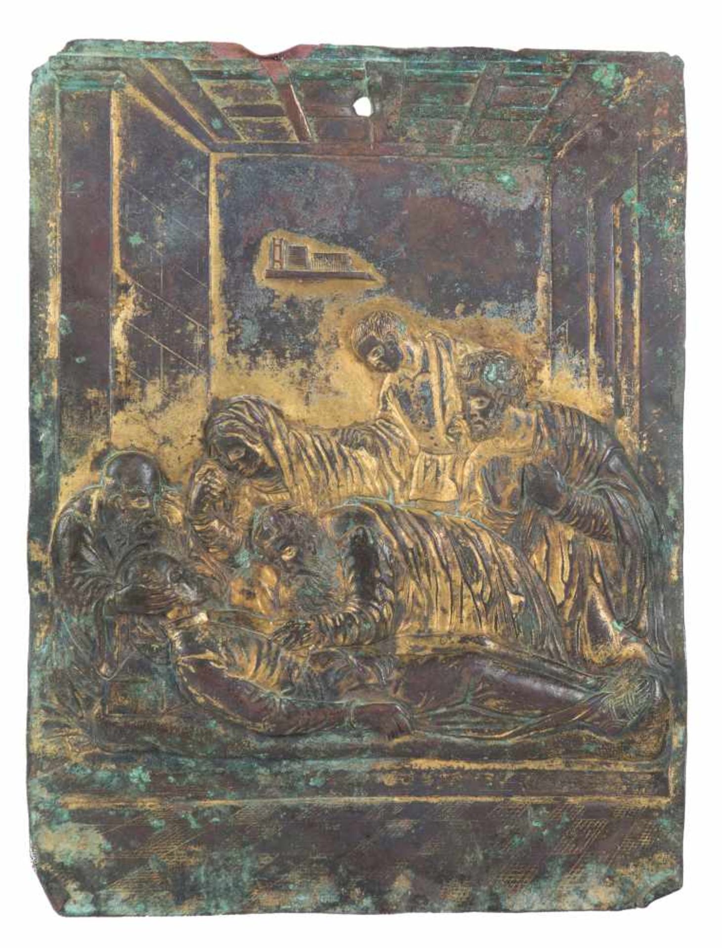 Chased and gilded copper bas-relief in. Italy. Circa 1500.Magnificent bas-relief in which the