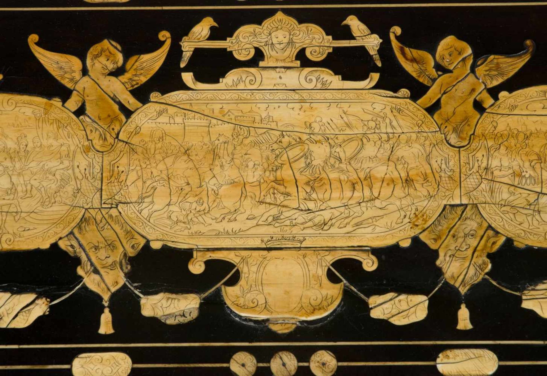 Table veneered in ebony with engraved, inked ivory plates and iron fittings. Naples, Italy. Late - Bild 14 aus 15