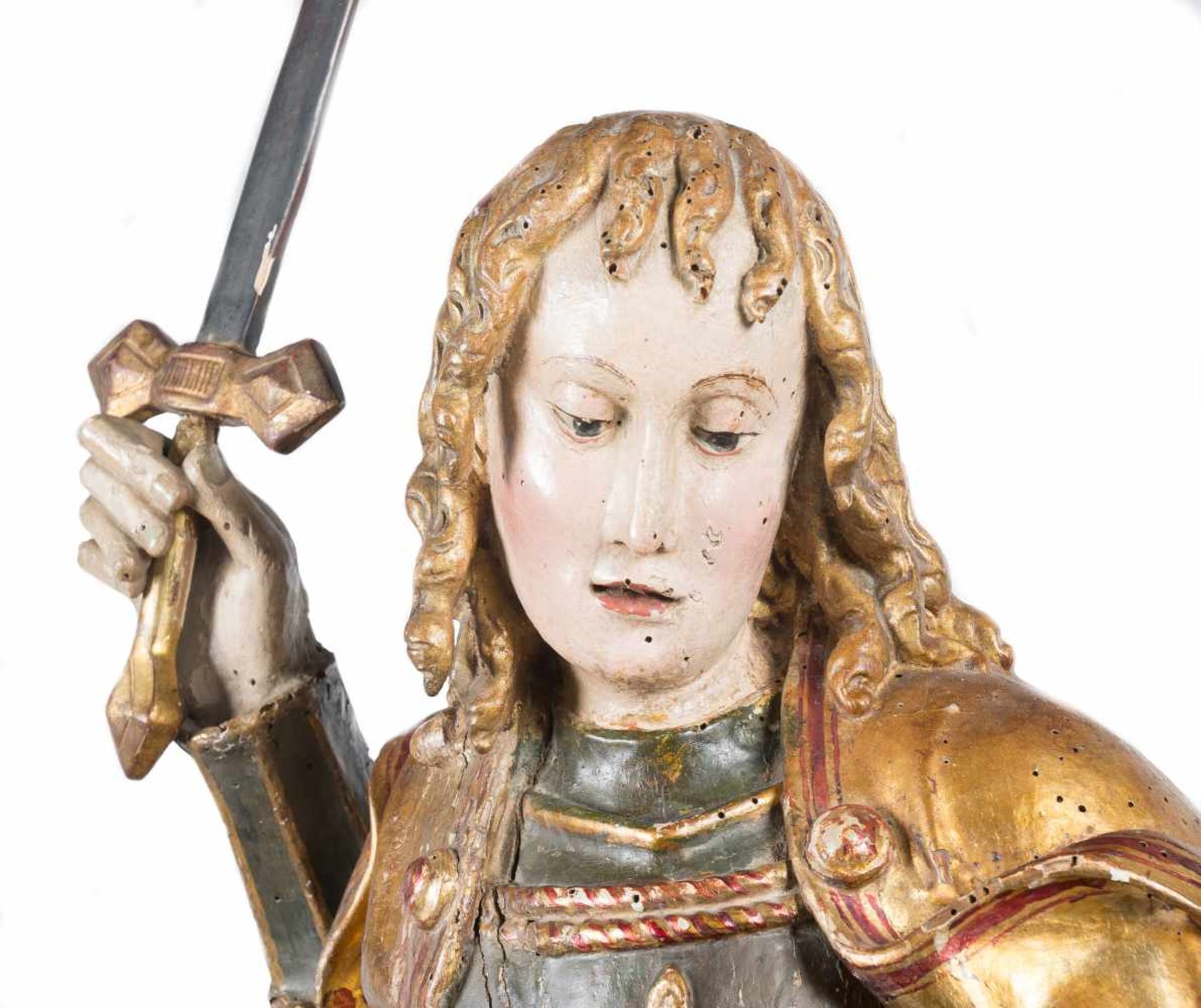 "Saint Michael" Carved, gilded and polychromed wooden sculpture. Southern Germany. Gothic. 15th - Bild 2 aus 9