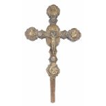 Gilded and embossed copper processional cross with cabochons and gilded copper applications, on a