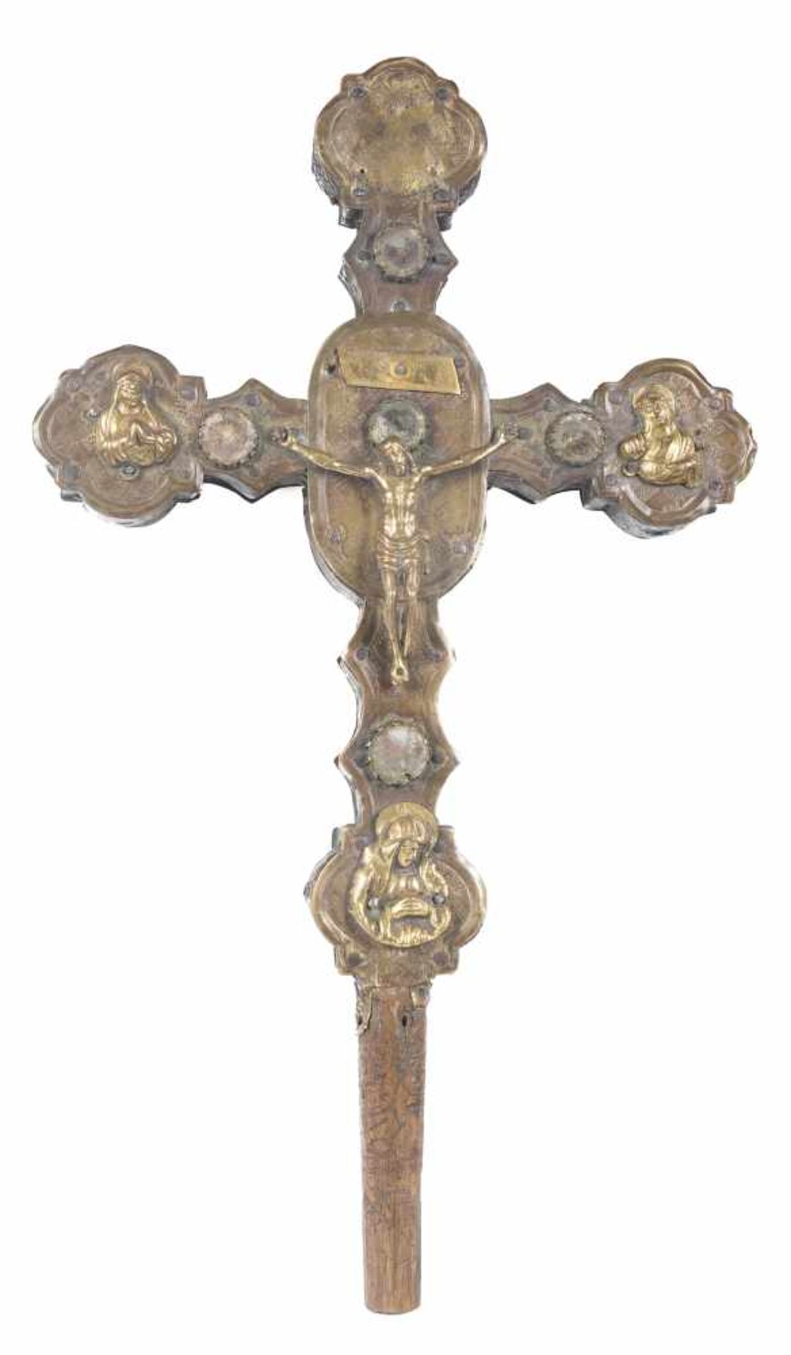 Gilded and embossed copper processional cross with cabochons and gilded copper applications, on a