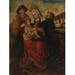 18th century Colonial School. "Holy family"Oil on panel. Carved, polychromed and gilded period