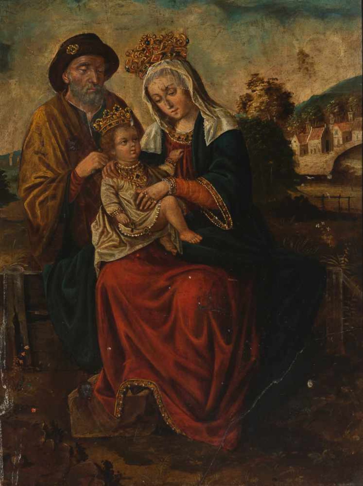 18th century Colonial School. "Holy family"Oil on panel. Carved, polychromed and gilded period