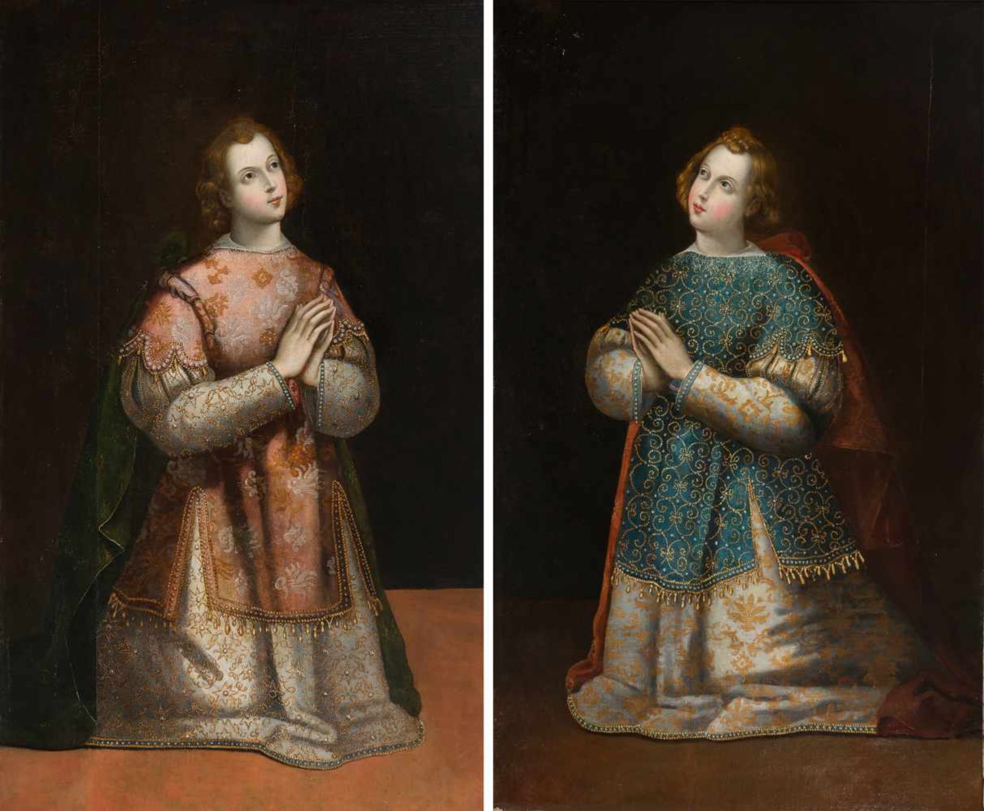 Early 17th century Spanish School."Pair of Saints at prayer"Oil on canvas. Lined. 126 x 76 cm.