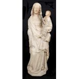 "Virgin with Child". Limestone sculpture with traces of polychrome and gilt. Possibly France.