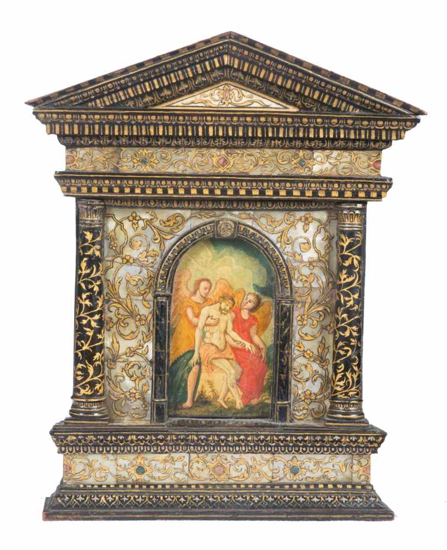 Gilded and lacquered wooden pax, with polychrome and gold mother-of-pearl inlay. Possibly Italy.